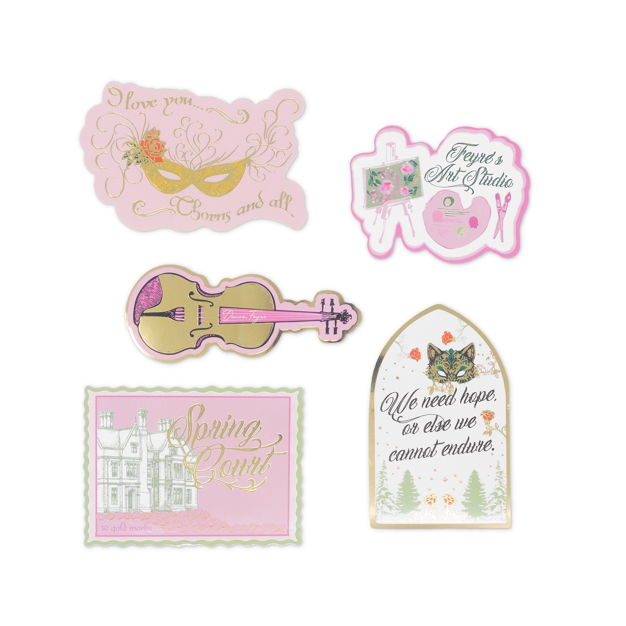 Set of decorative stickers with artistic designs and text on a white background