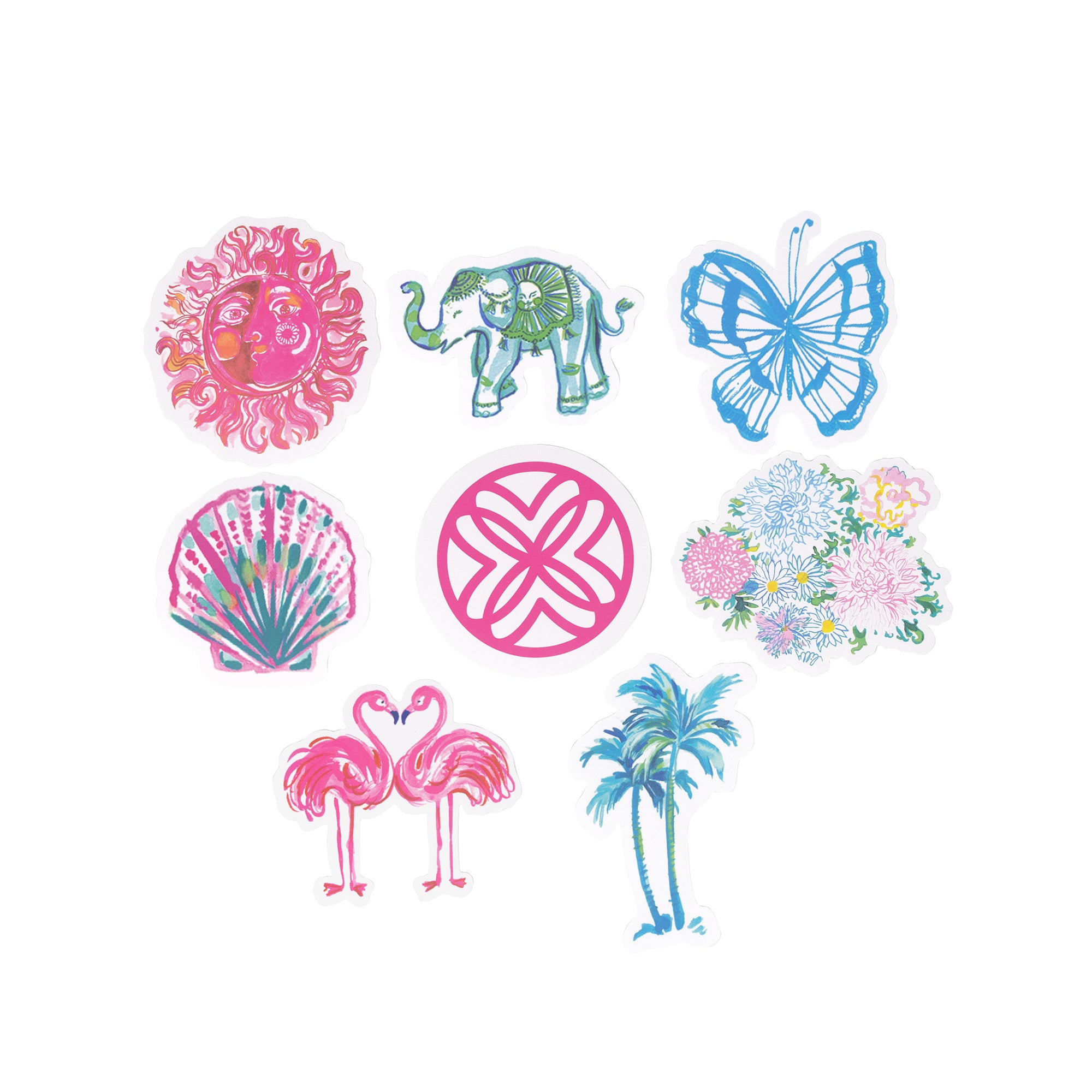 Set of colorful illustrations including a sun, elephant, butterfly, shell, cross, flowers, and palm trees on a white background.
