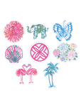 Set of colorful illustrations including a sun, elephant, butterfly, shell, cross, flowers, and palm trees on a white background.