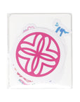 Pink circular stickers on a clear card with colorful text