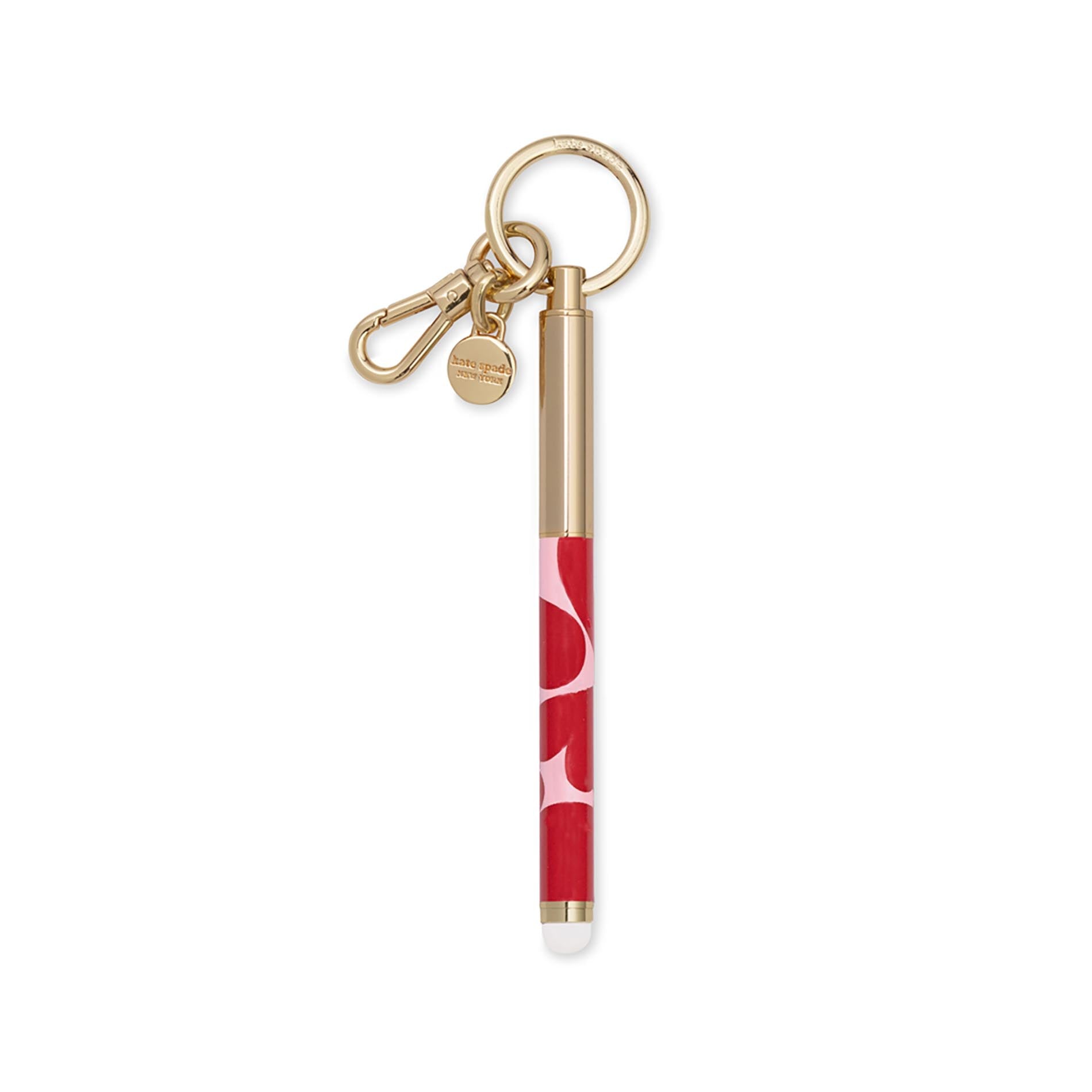 Red and gold pen-shaped keychain on a white background