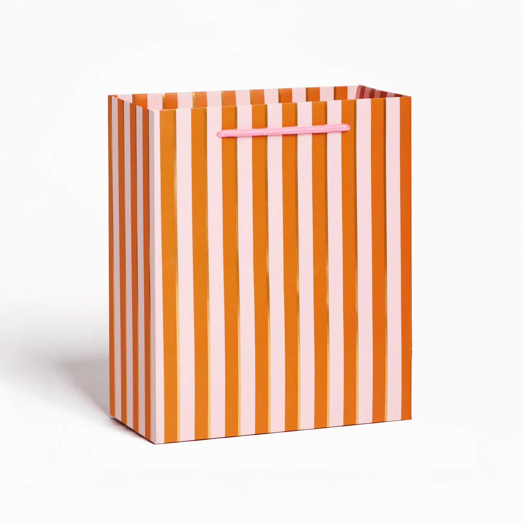 Large pink and orange vertical stripe gift bag with pink handle