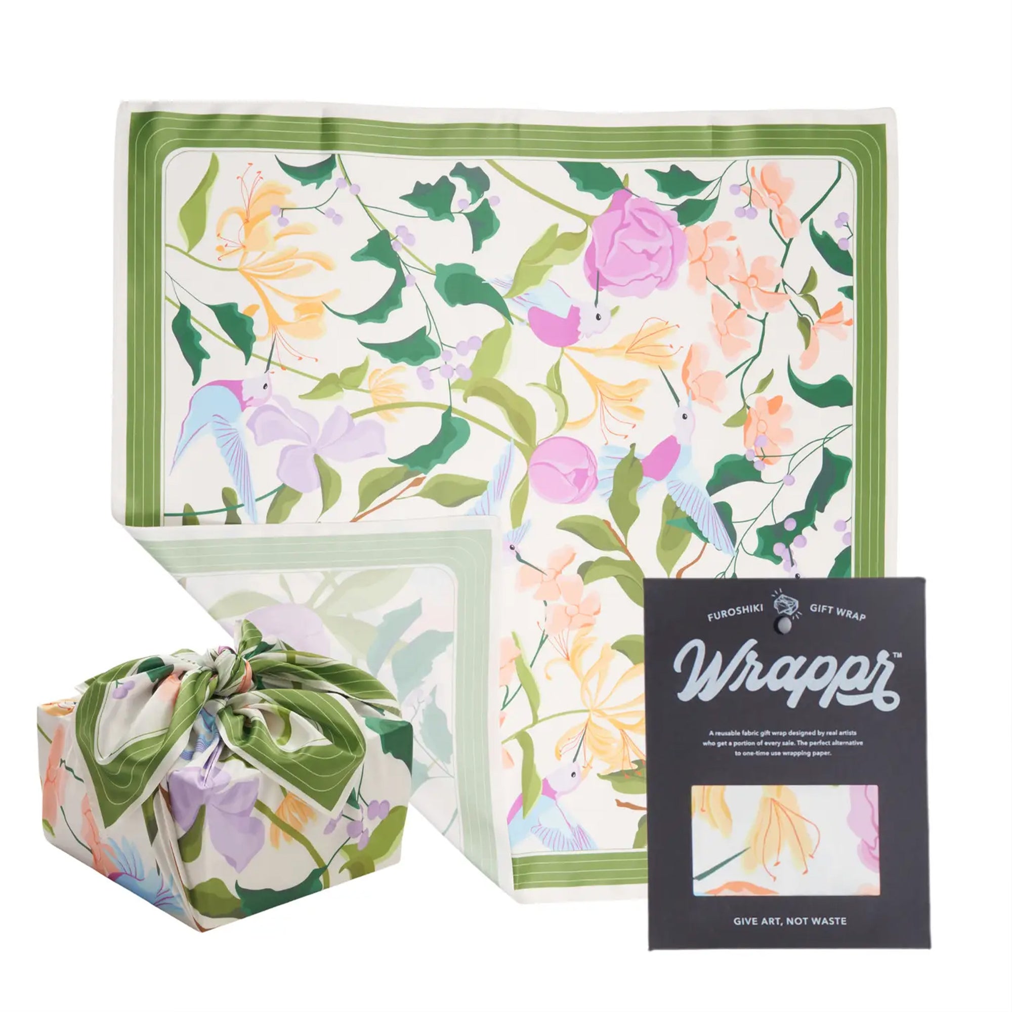 Reusable floral gift wrap with a matching wrapped box and packaging