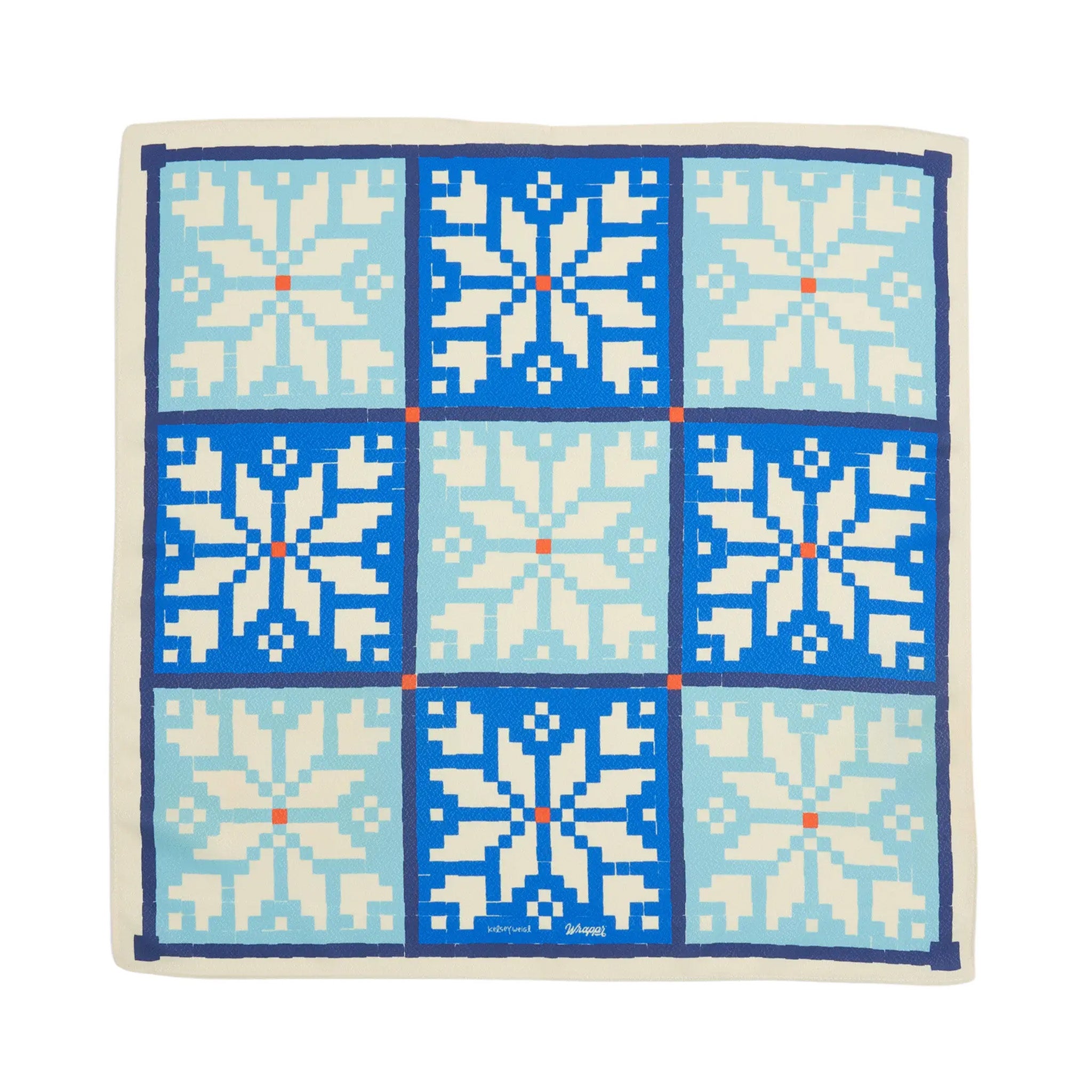 Square scarf with pixelated snowflake pattern in blue and white on a white background