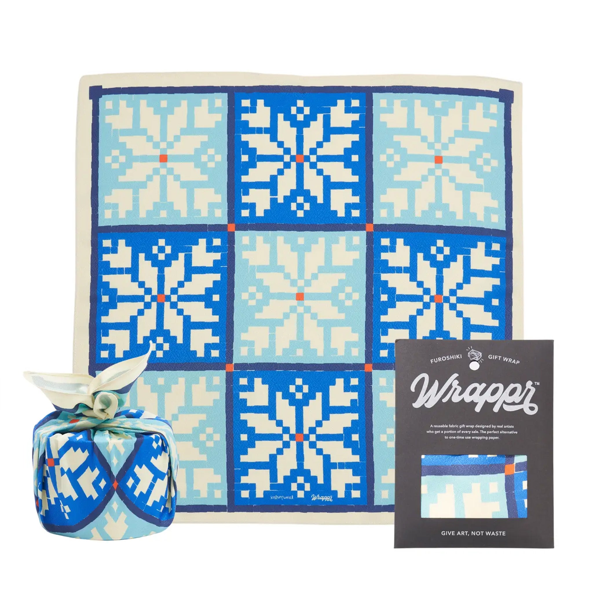 Gift wrap with blue and white pattern, wrapped present, and packaging on a white background