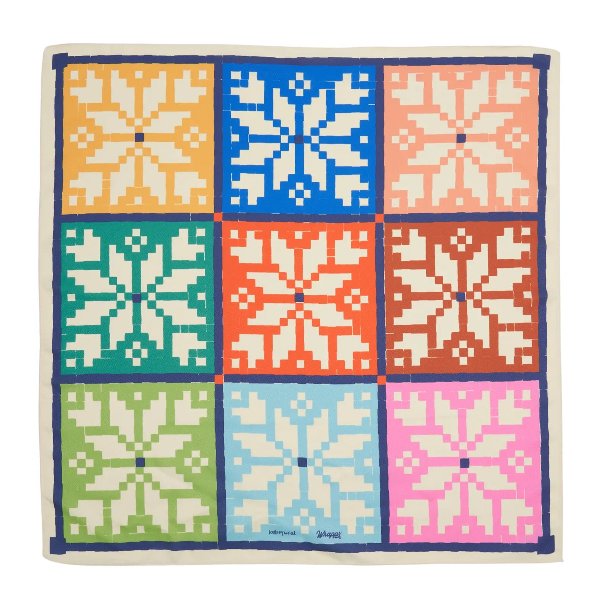 Colorful reusable gift wrap with geometric pattern on a white background