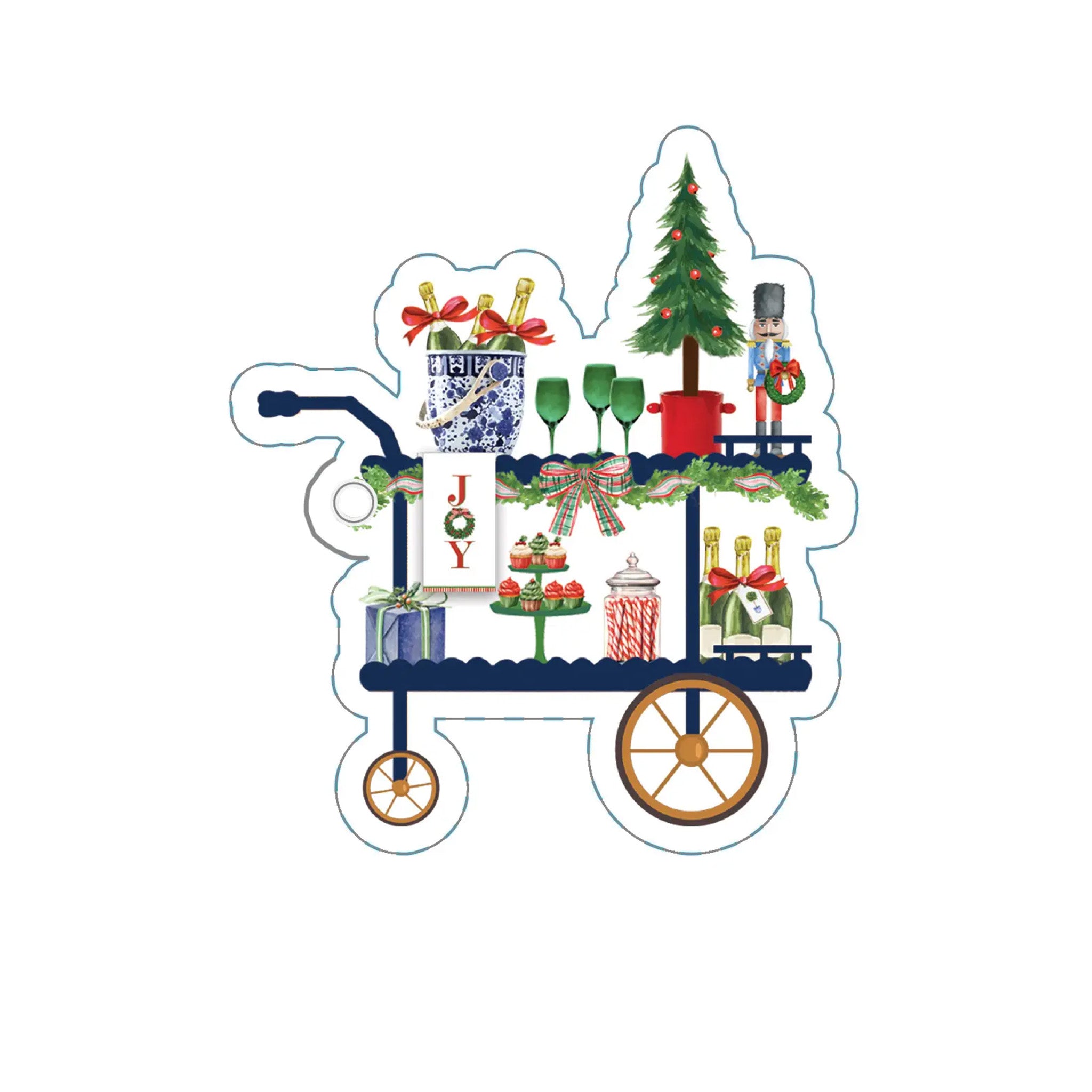 Decorative Christmas cart gift tag with festive items on a white background