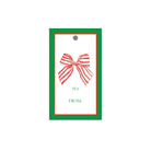 Gift tag with red and white striped bow design on a white background