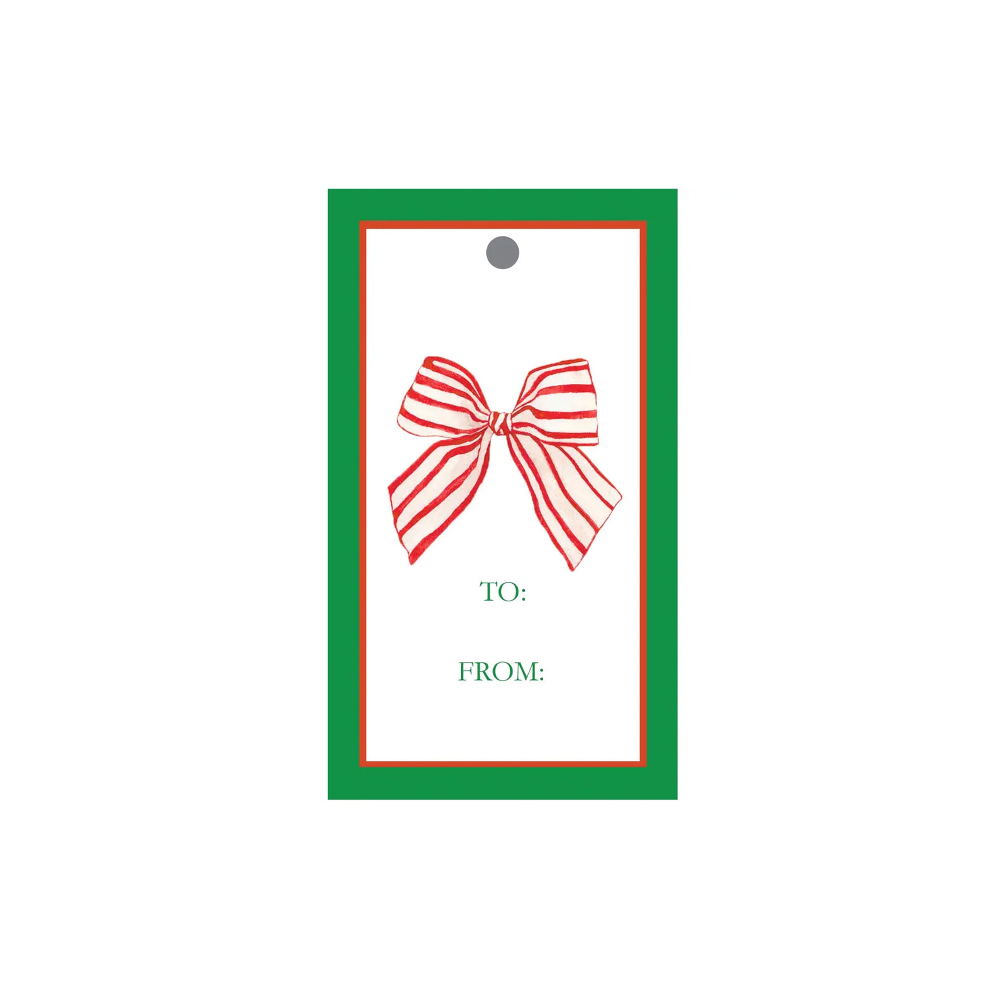 Gift tag with red and white striped bow design on a white background