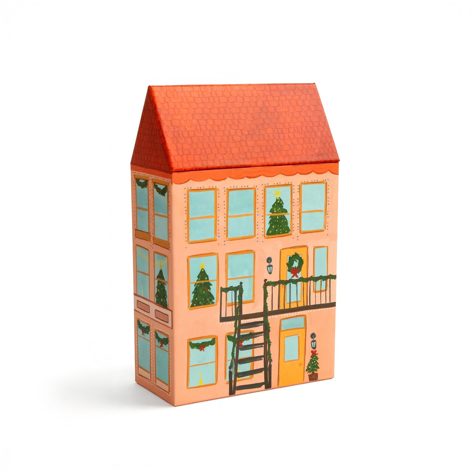 House-shaped gift box with a red roof and peach body on a white background