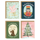 Four Christmas-themed greeting cards with different designs on a white background.