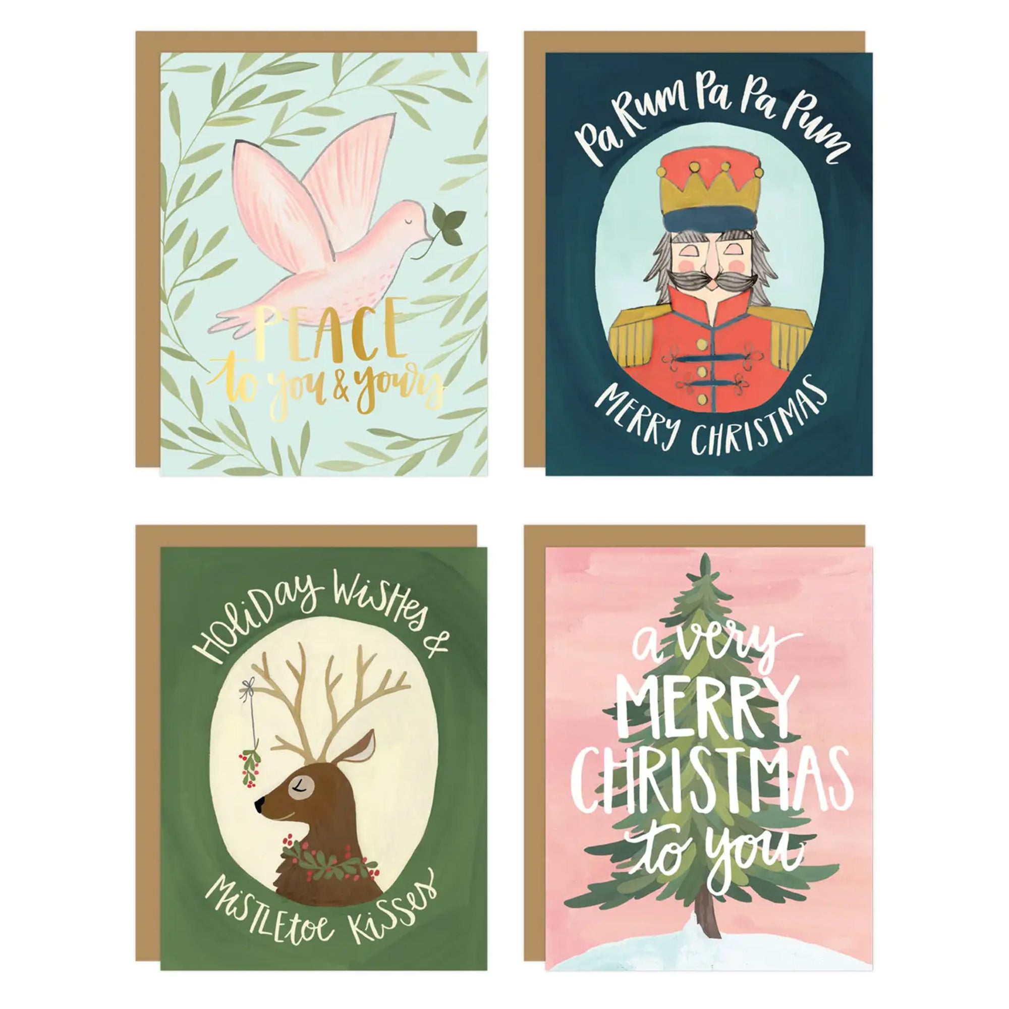 Four Christmas-themed greeting cards with different designs on a white background.