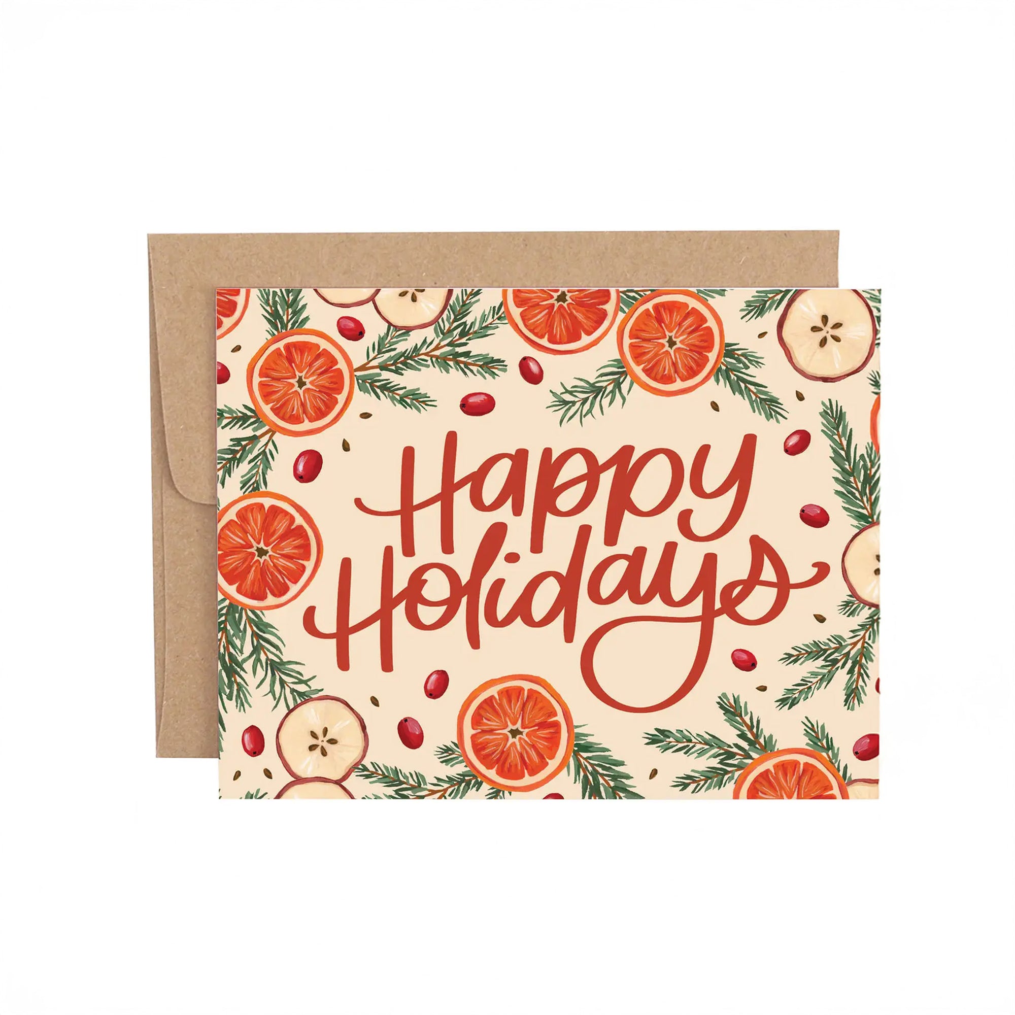 Greeting card with 'Happy Holidays' text and winter-themed illustrations on a beige background.