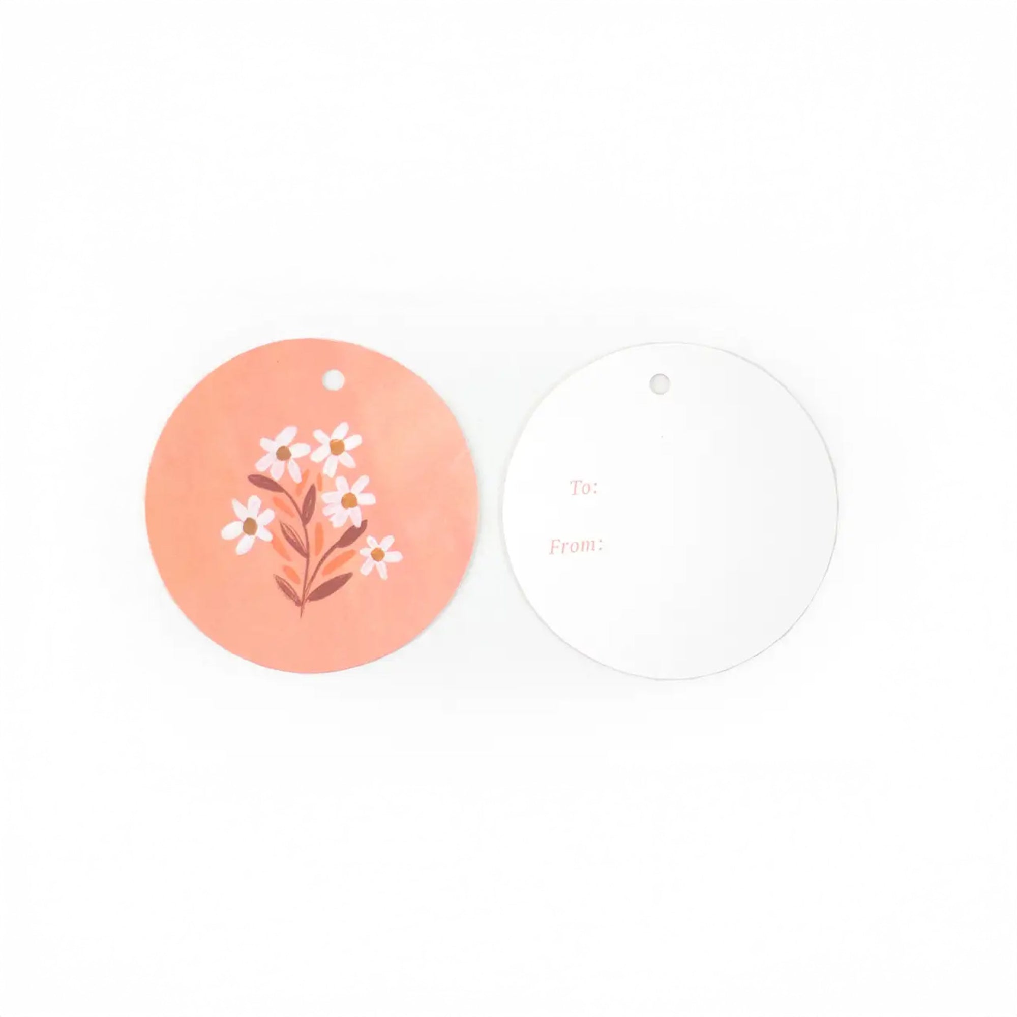 Two gift tags, one peach with floral design and one white with 'To' and 'From' text, on a white background.