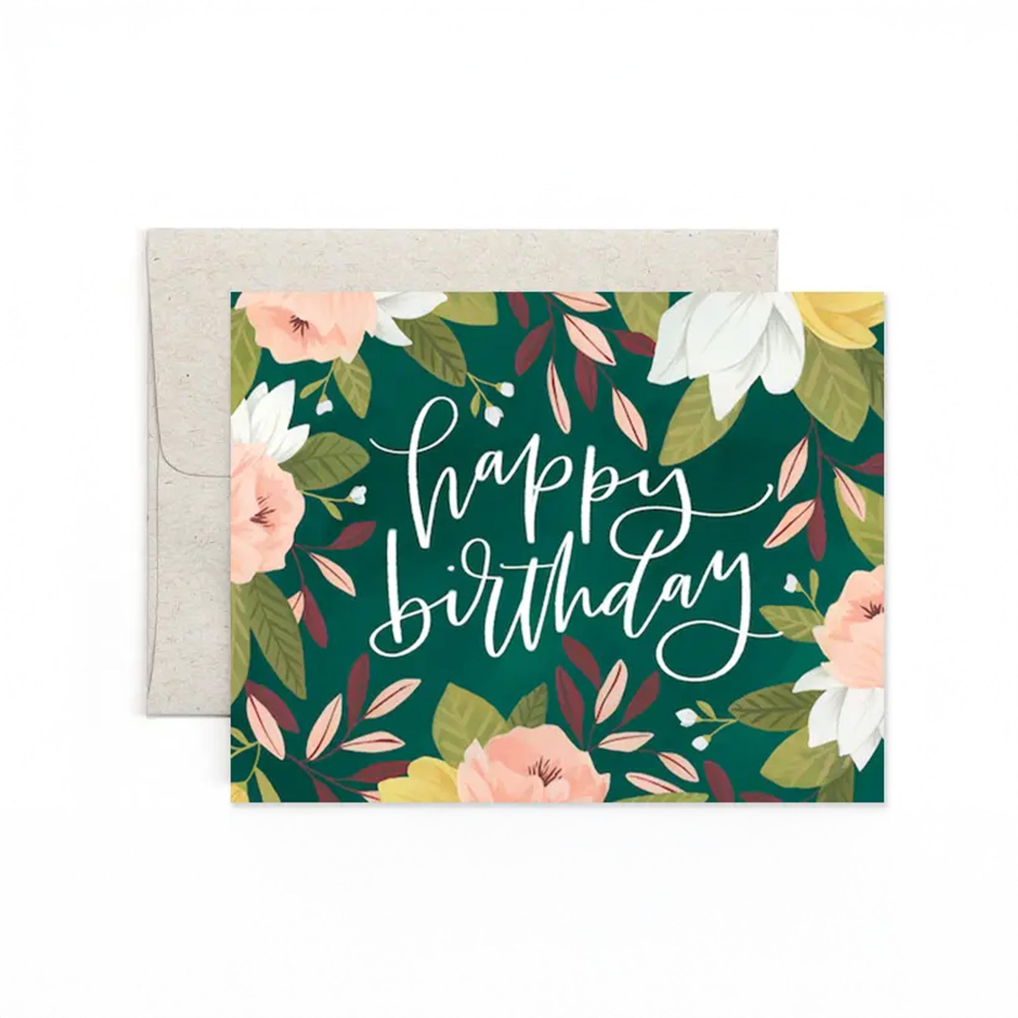 Floral birthday card with 'Happy Birthday' text on a green background