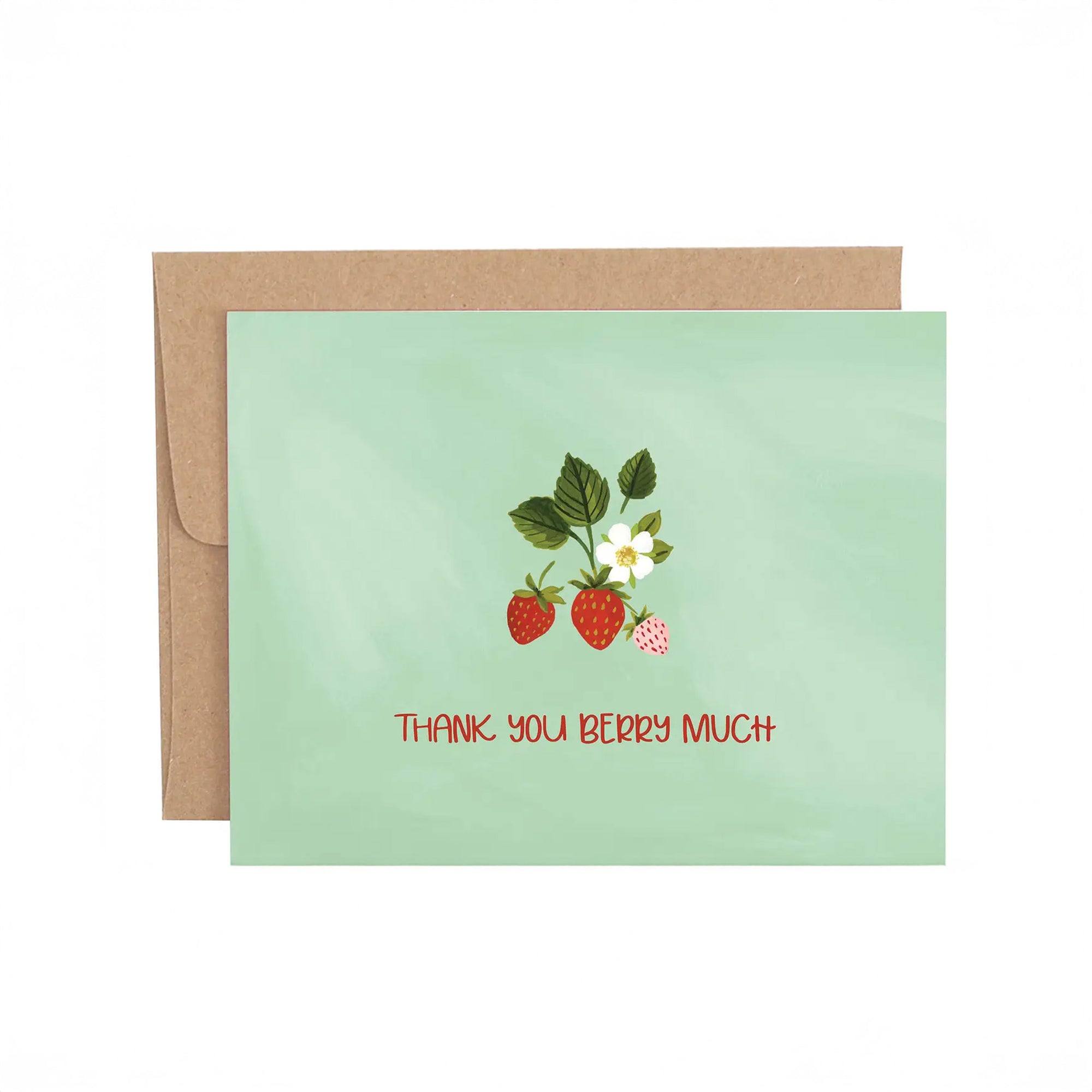 Greeting card with strawberries and 'Thank you berry much' text on a light green background with a brown envelope.
