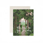 Greeting card with forest design and text 'The best is yet to come. Congratulations!' on a white background.