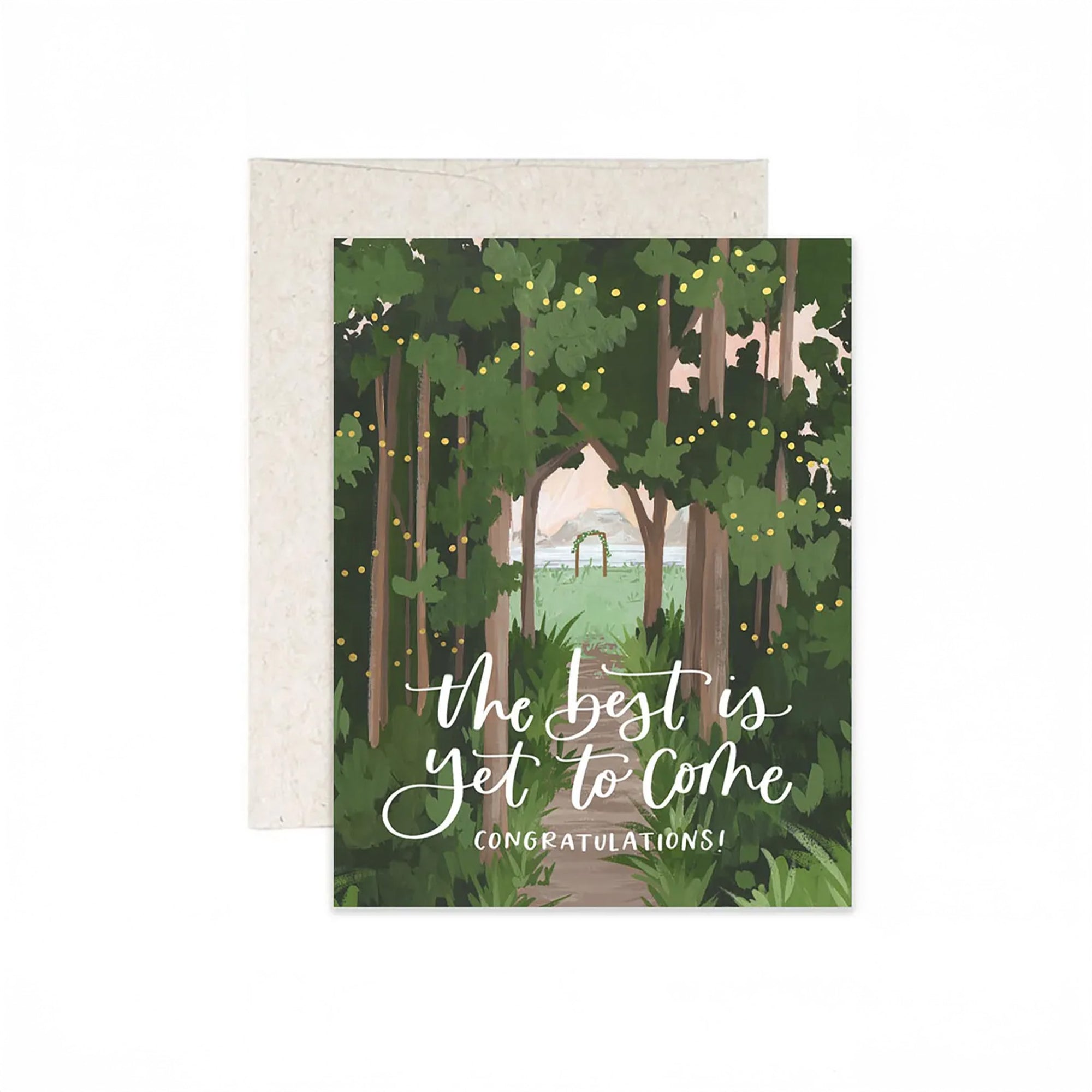 Greeting card with forest design and text 'The best is yet to come. Congratulations!' on a white background.