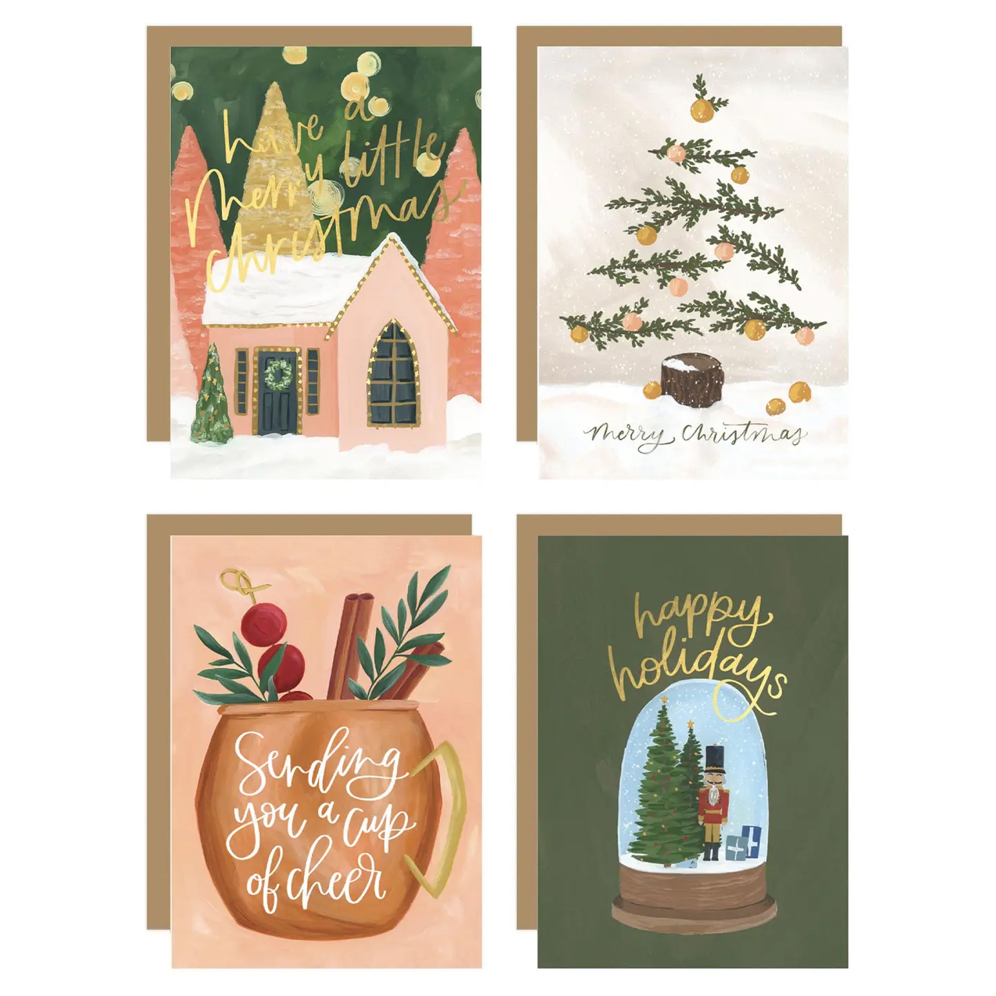 Four Christmas-themed greeting cards with different designs on a white background.