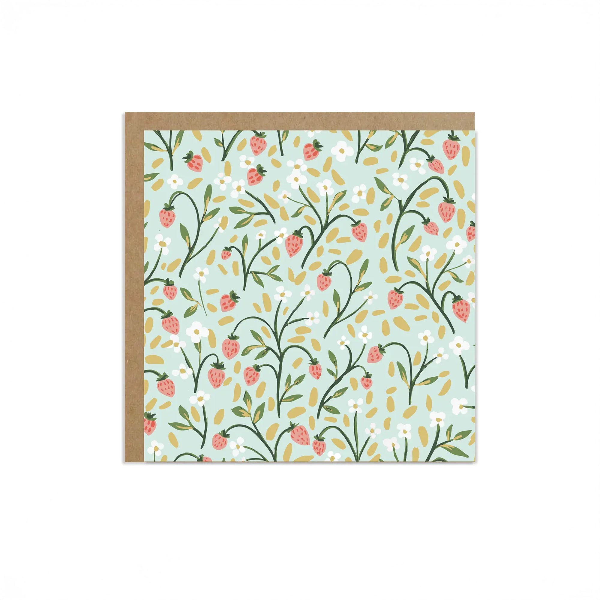 Mint strawberry patterned card on a white background