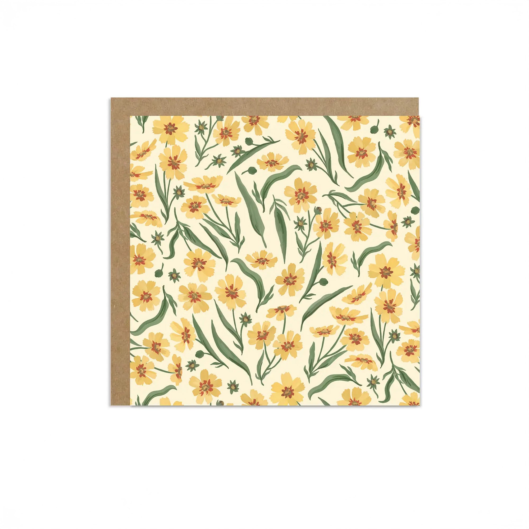 Floral patterned card with yellow flowers and green leaves on a white background
