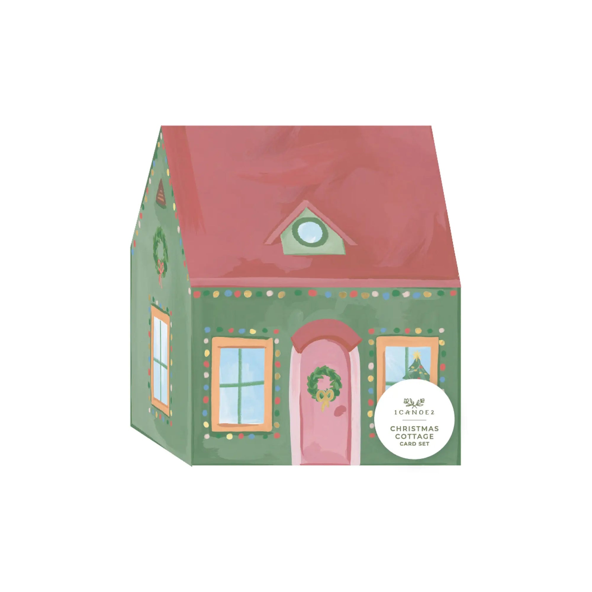 Christmas-themed house-shaped greeting card set on a white background