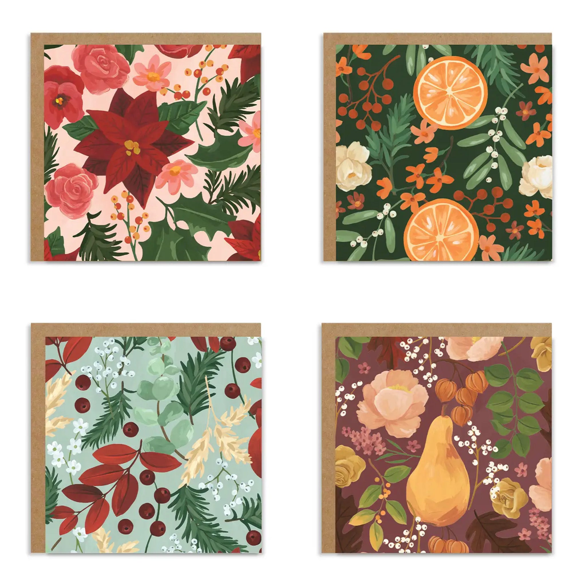 Four floral and nature-themed holiday greeting cards with different designs.