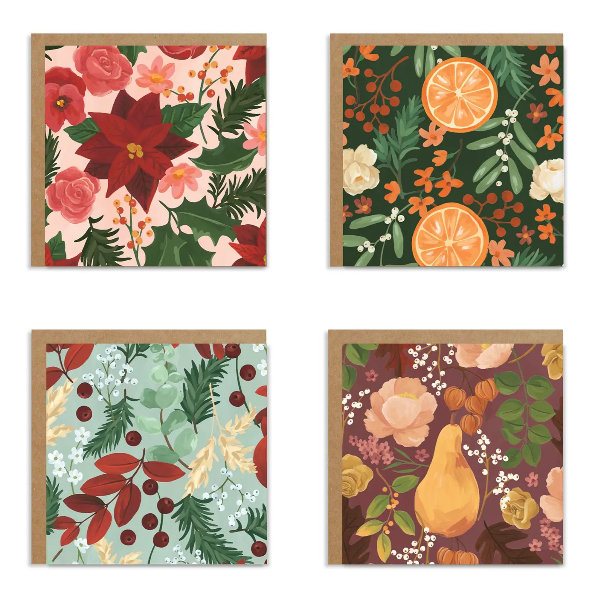 Four floral and nature-themed holiday greeting cards with different designs.