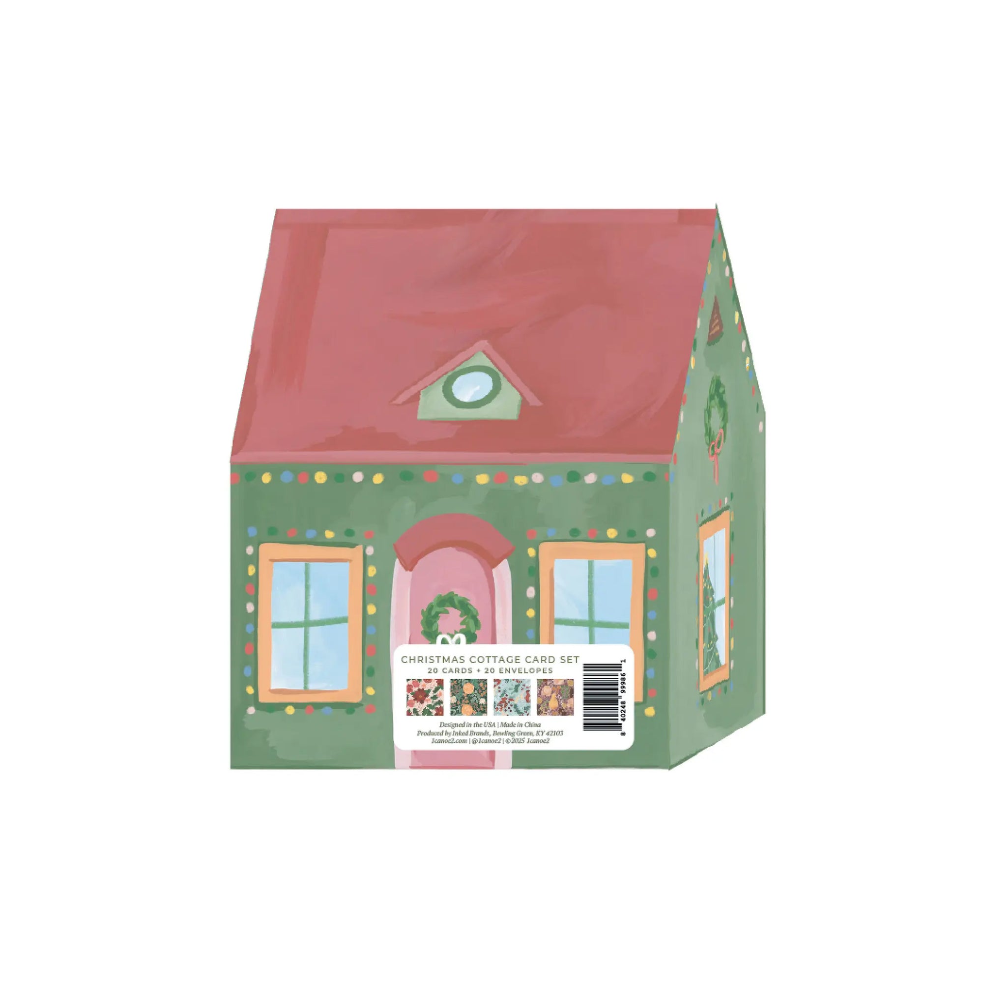House-shaped greeting card set with a red roof and green body on a white background