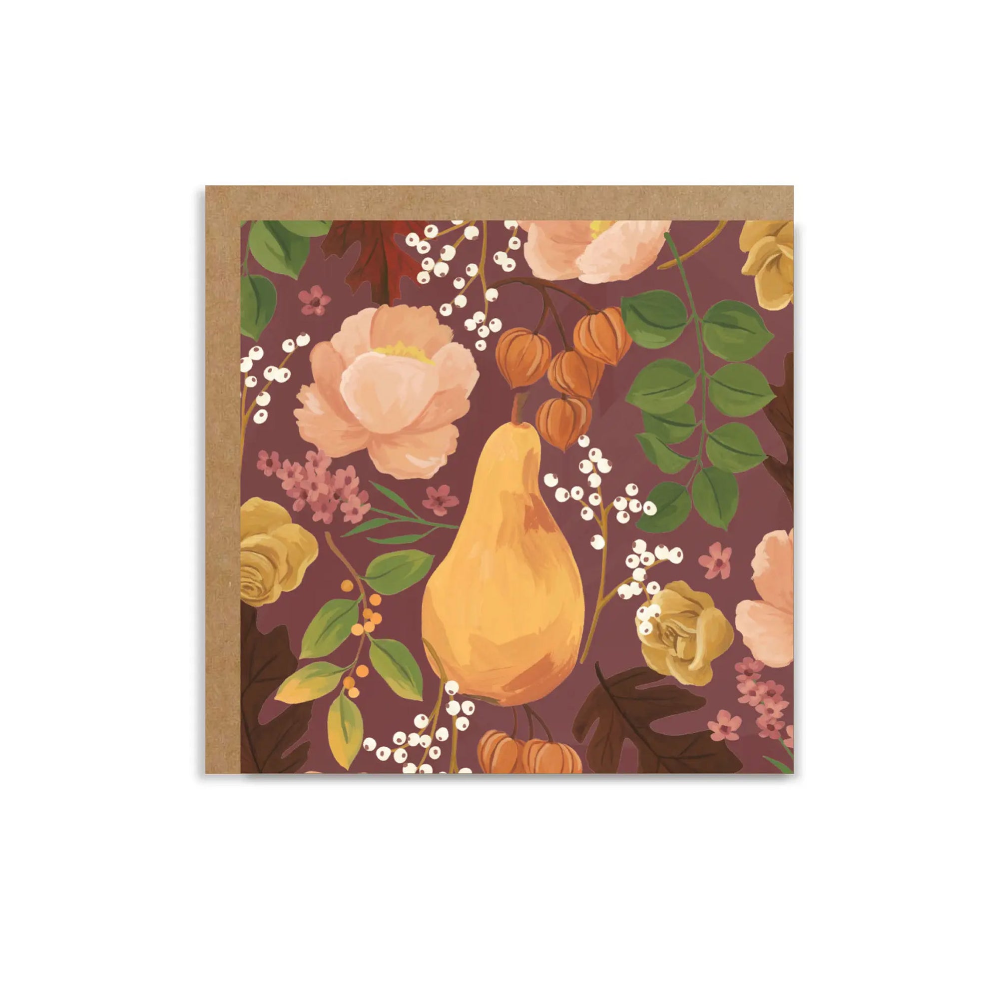 Greeting card with a pear and floral design on a purple background
