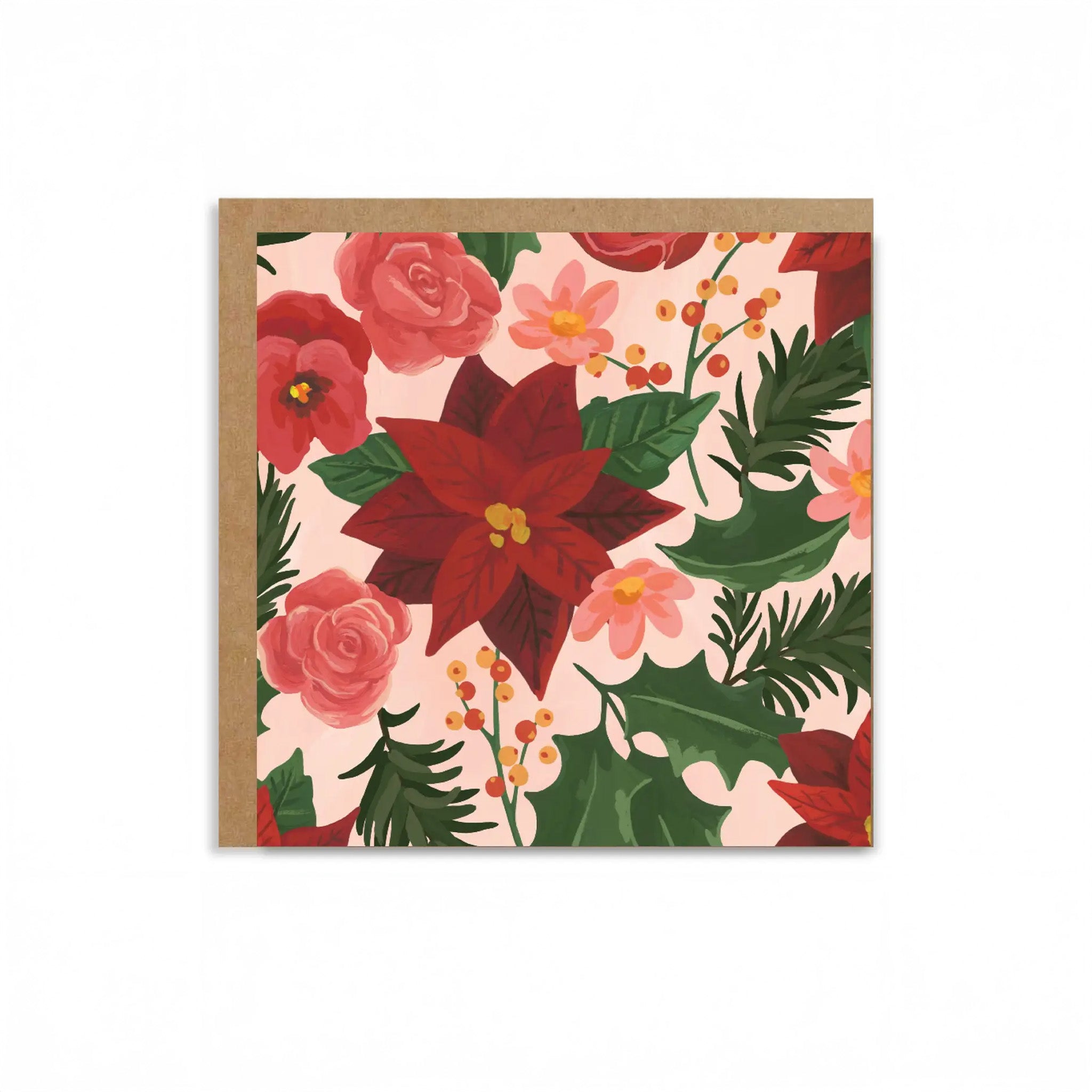 Floral card with red poinsettias and pink roses on a white background