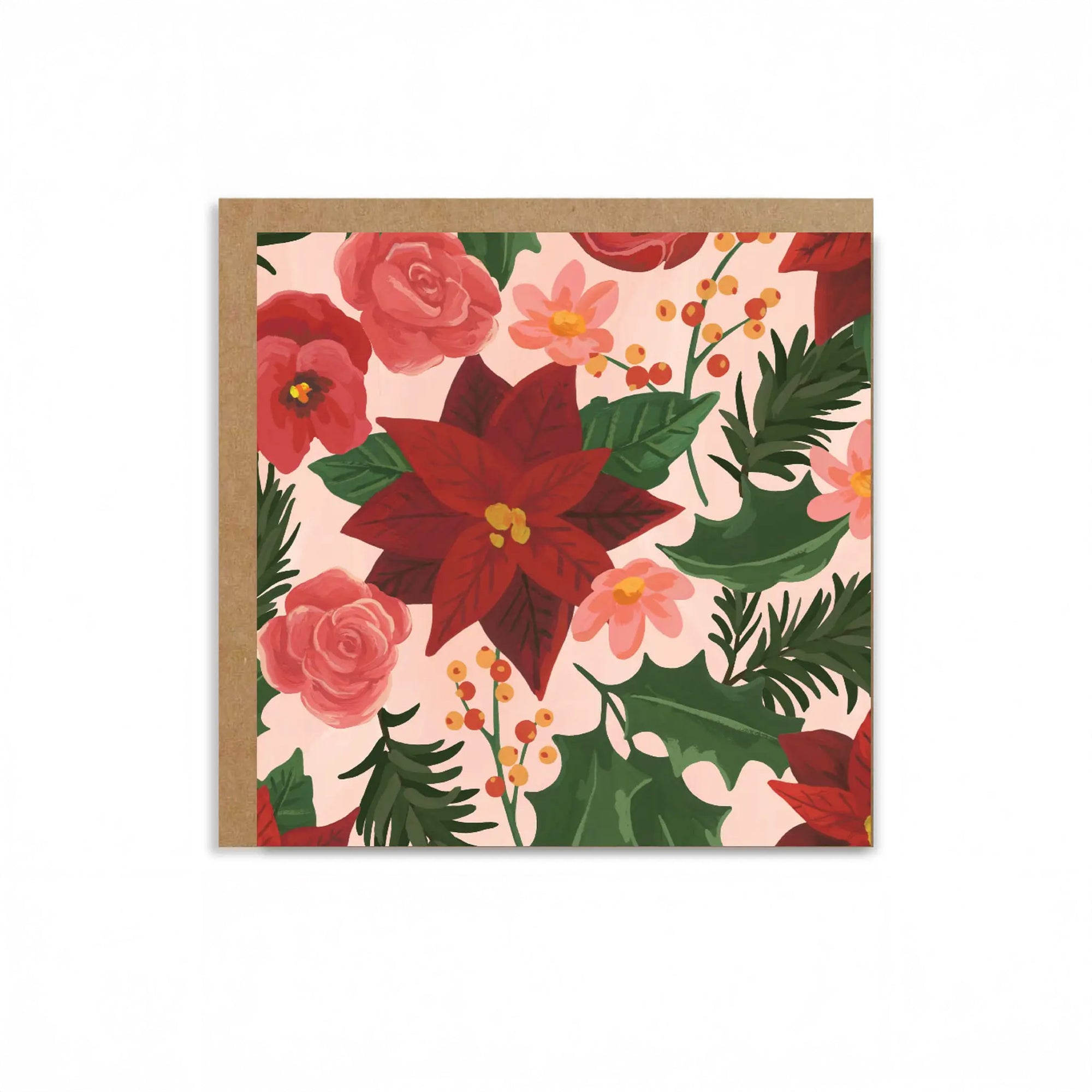 Floral card with red poinsettias and pink roses on a white background