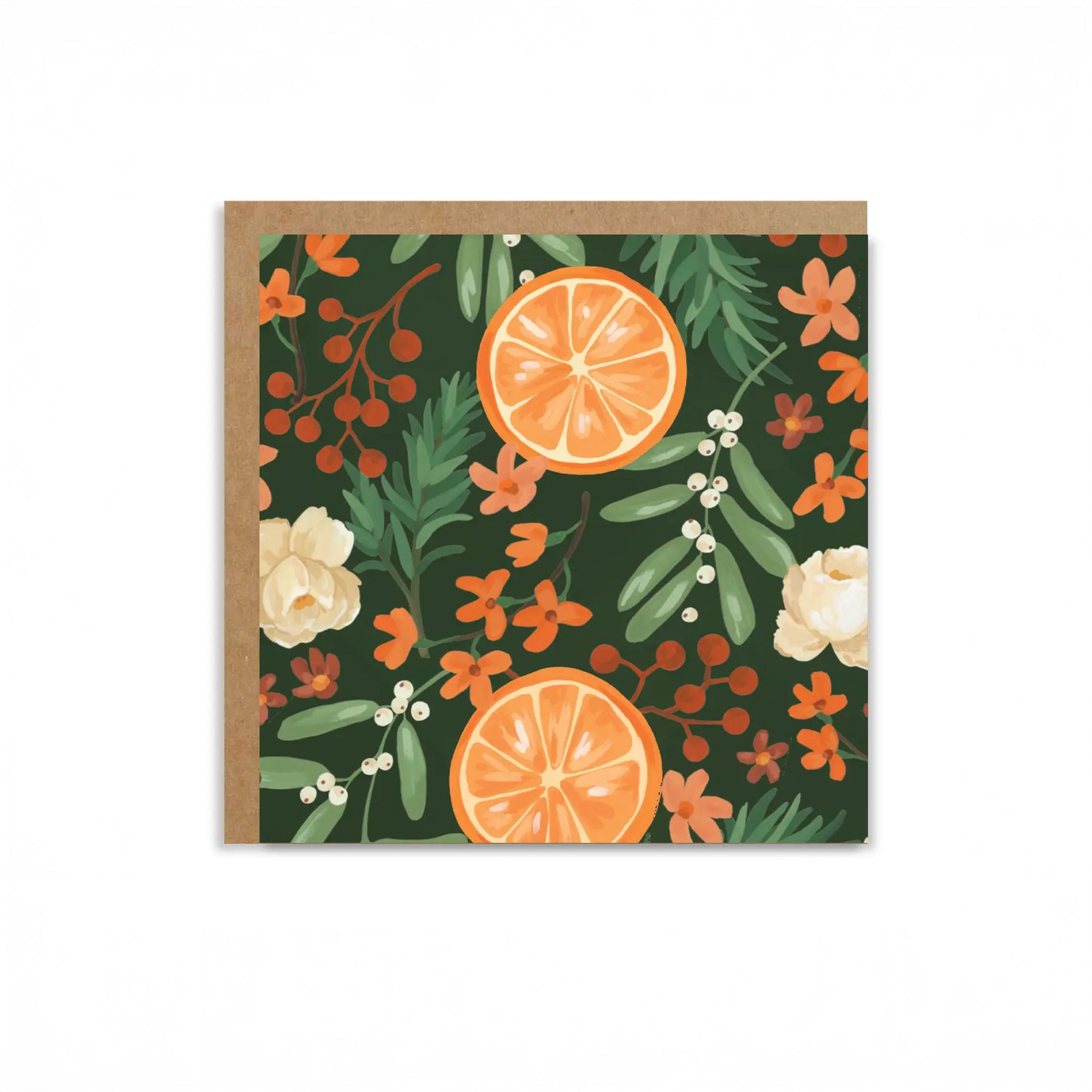 Greeting card with orange slices and floral design on a green background