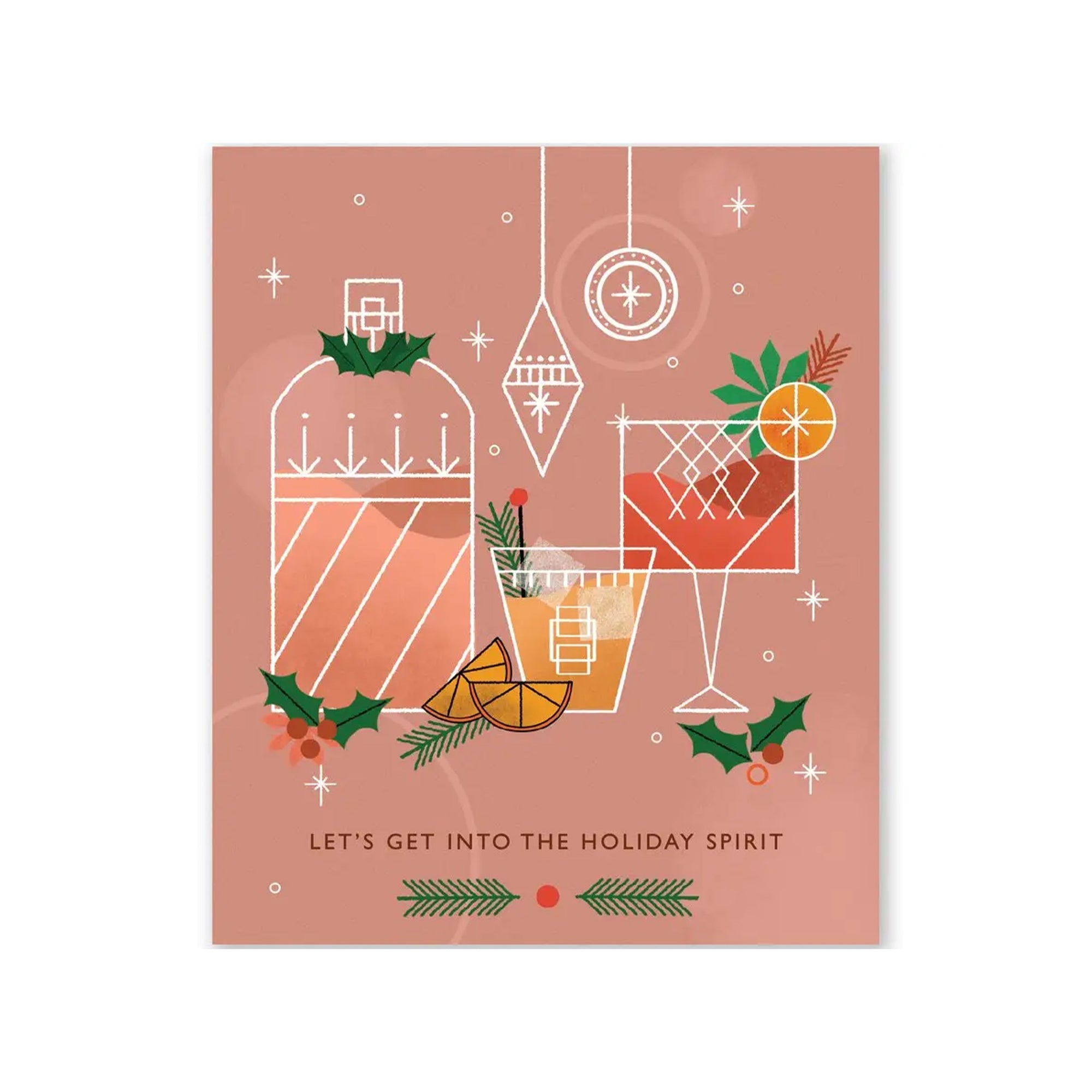 Illustrated holiday card with drinks and festive elements on a pink background