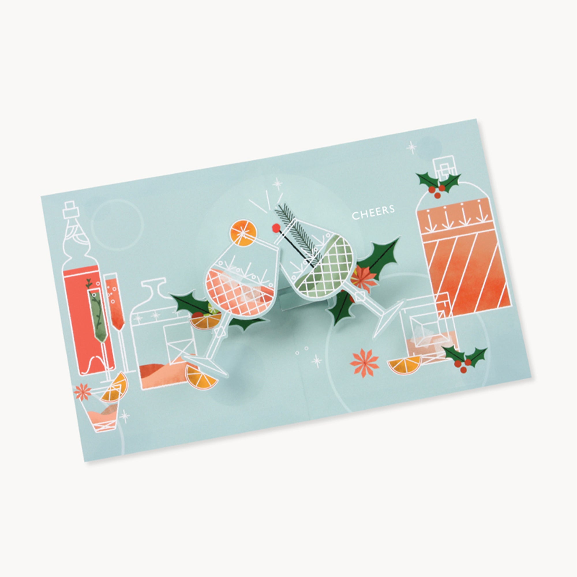 Decorative card with festive drink illustrations on a light blue background