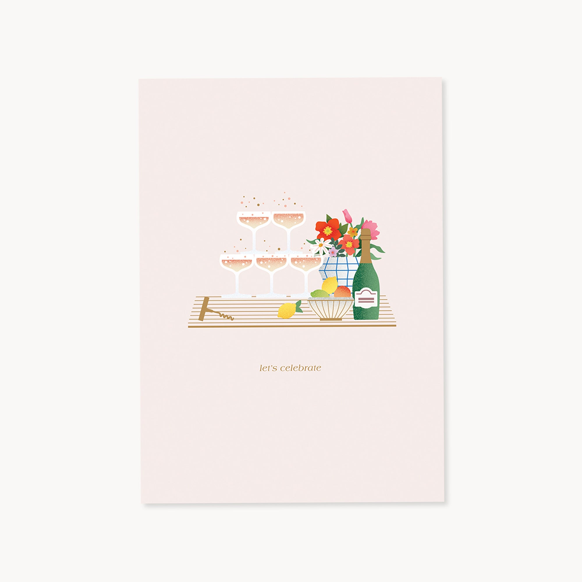 Greeting card with celebratory design featuring glasses, a bottle, and flowers on a light pink background.