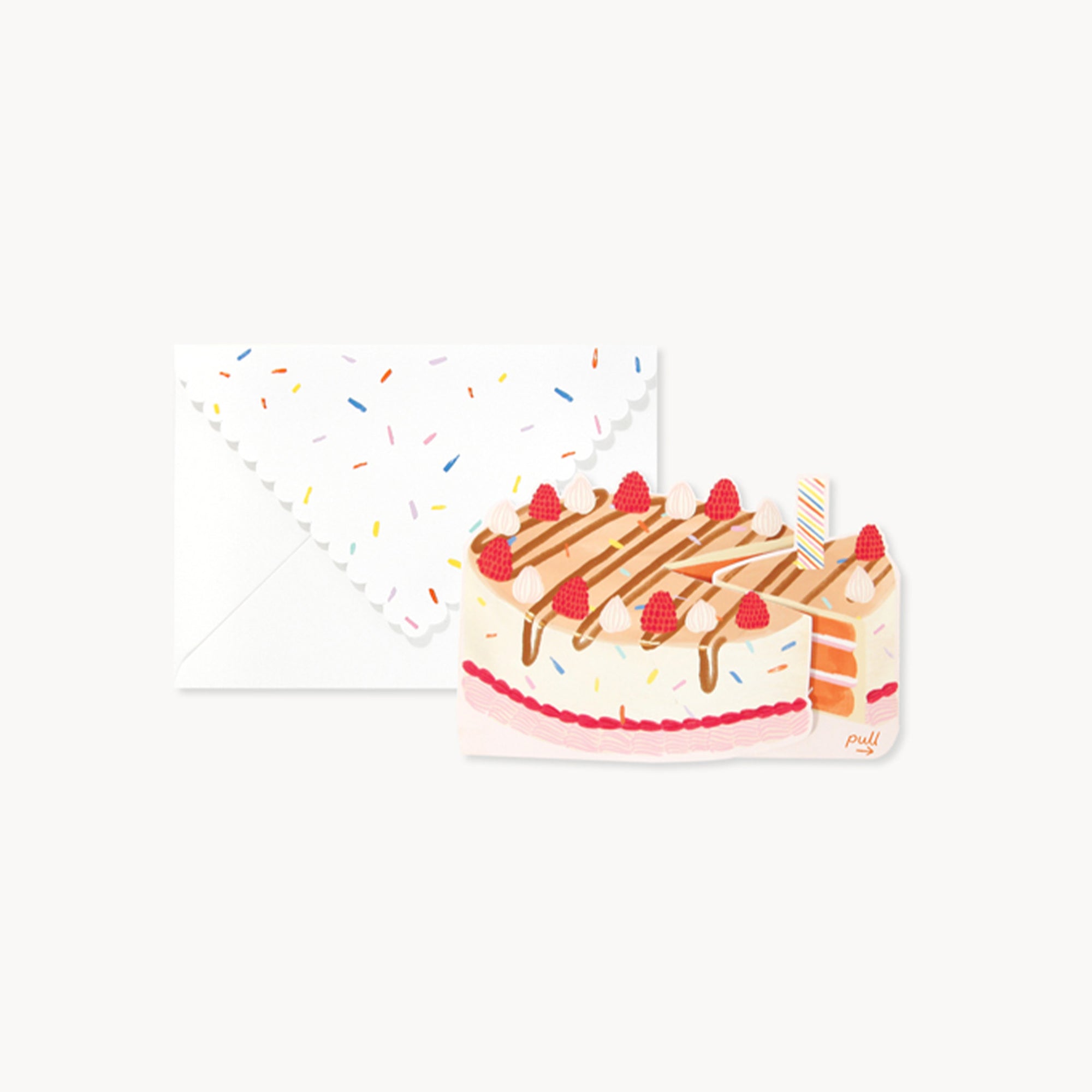 Card with a illustration of a birthday cake and envelope on a white background