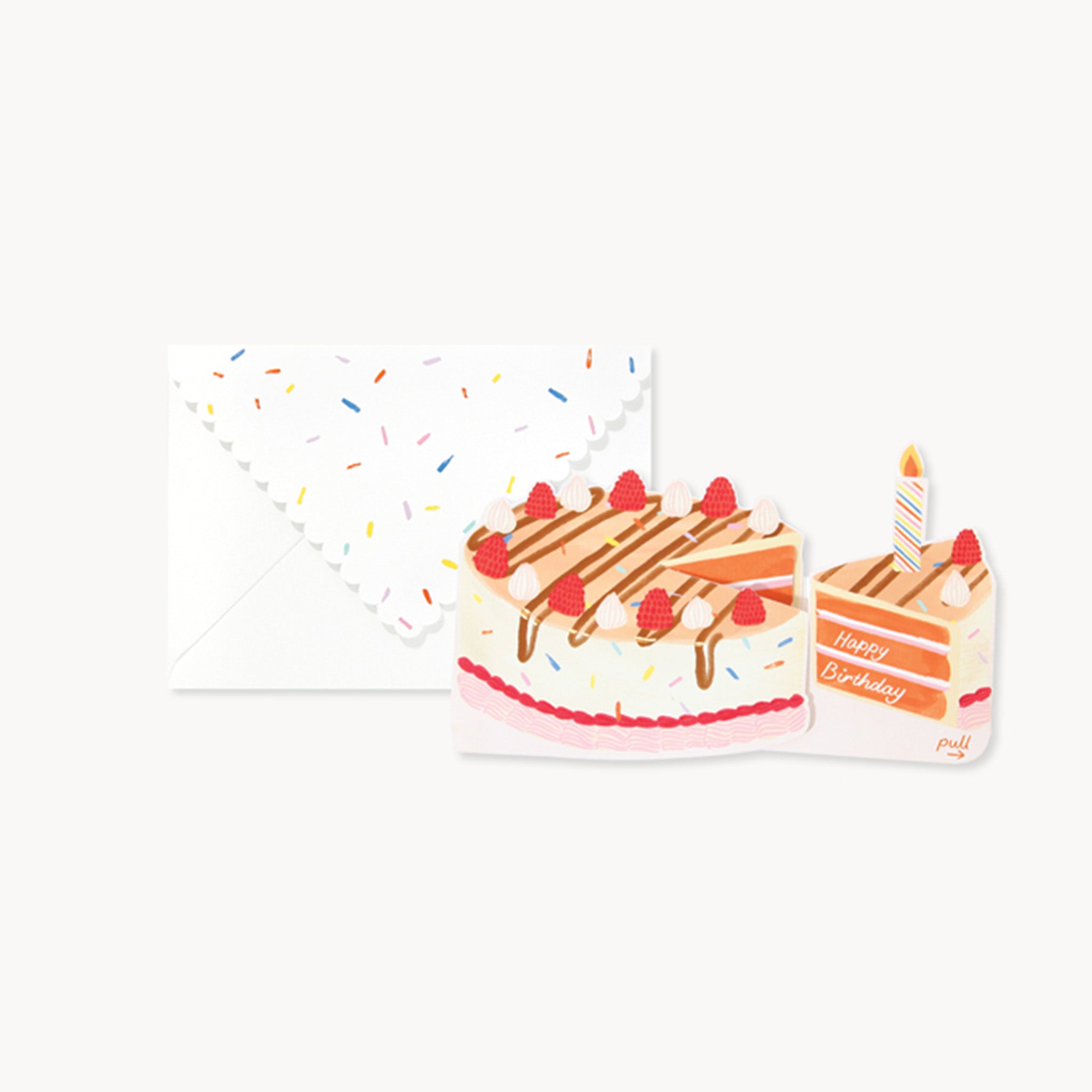 Greeting card with a birthday cake illustration on a white background