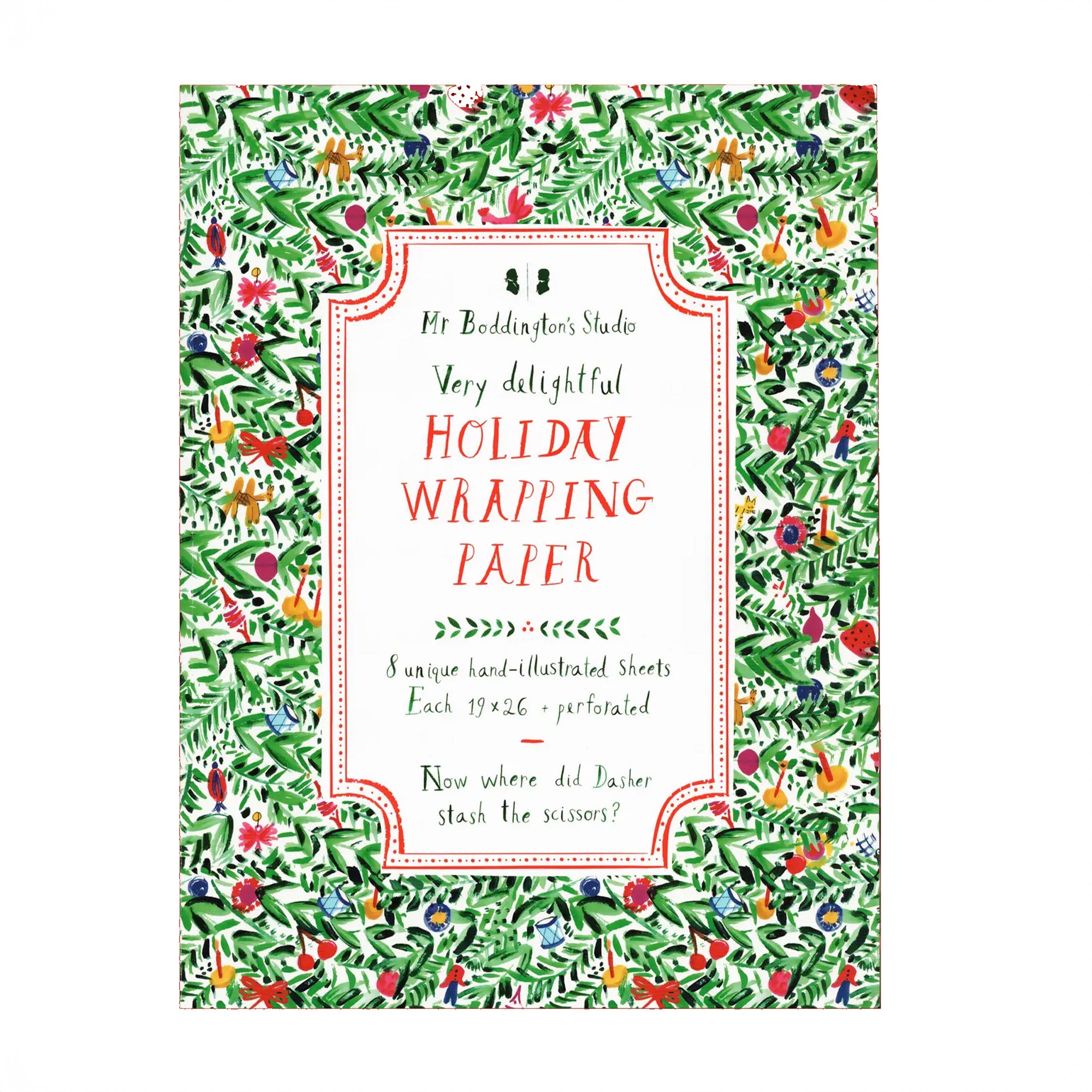 Holiday wrapping paper with festive design and text on a white background