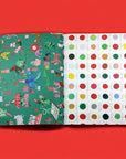 Two wrapping paper pages with different patterns on a red background