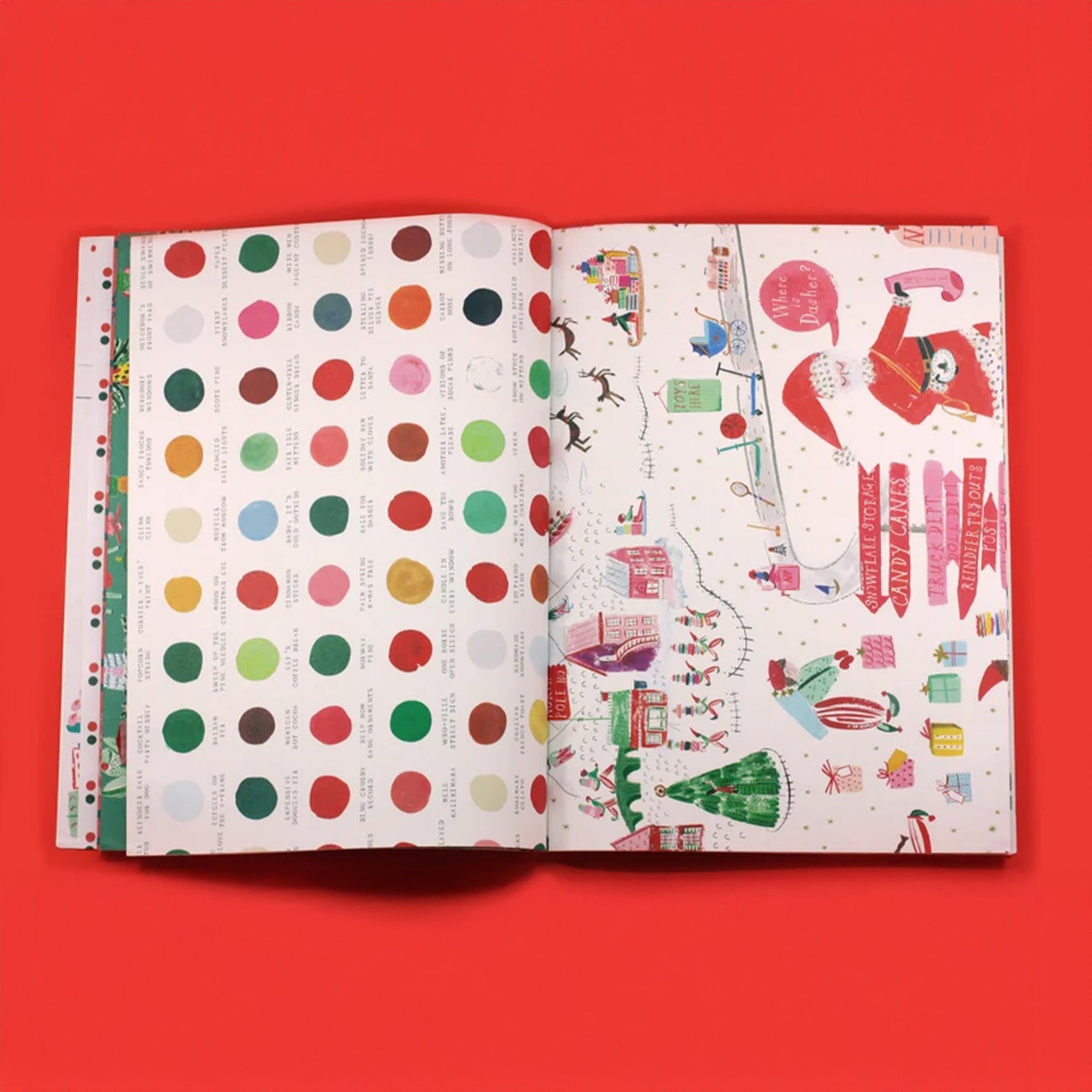 Two wrapping pages with colorful patterns on a red background