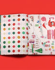 Two wrapping pages with colorful patterns on a red background