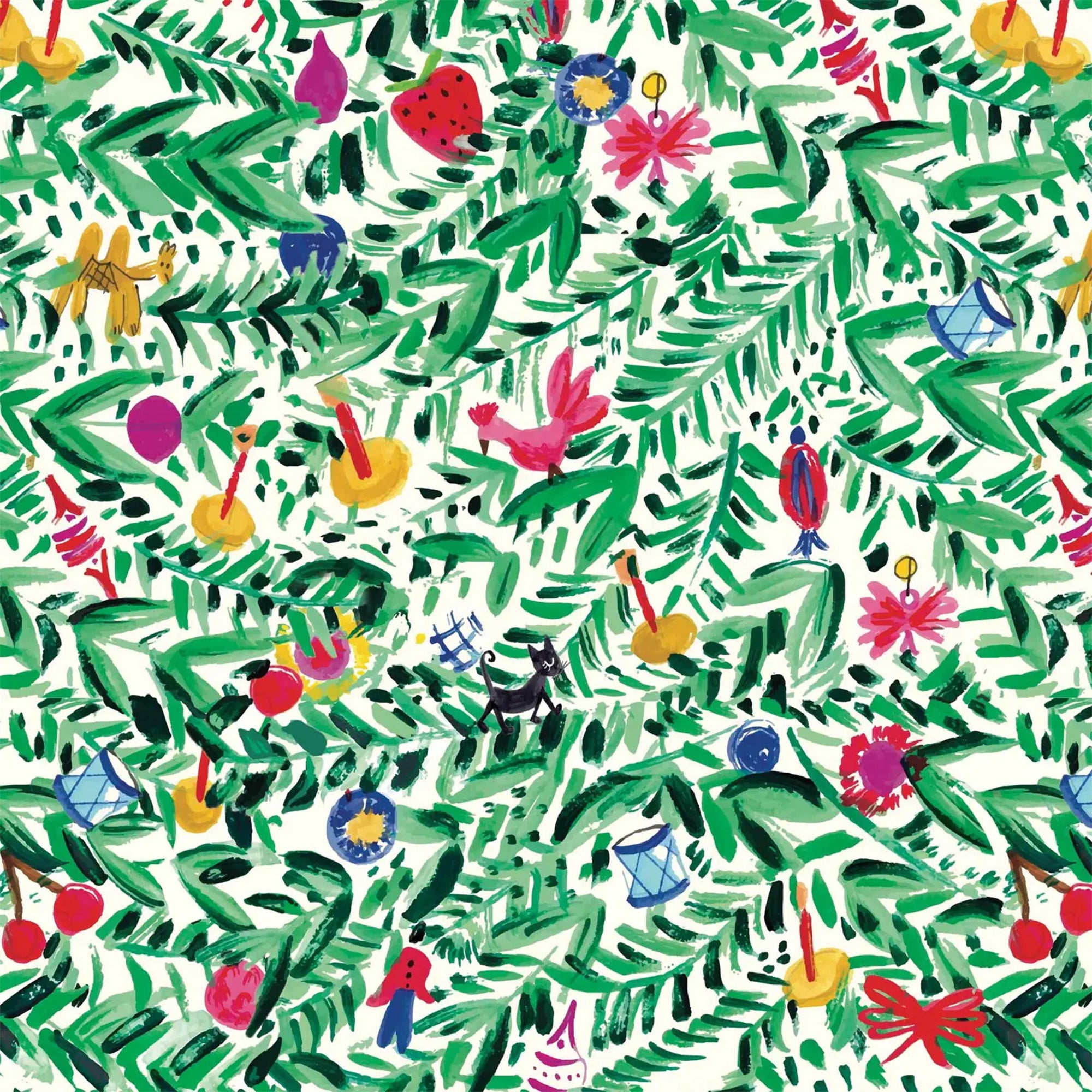 Colorful pattern of leaves, birds, and other elements on a white background