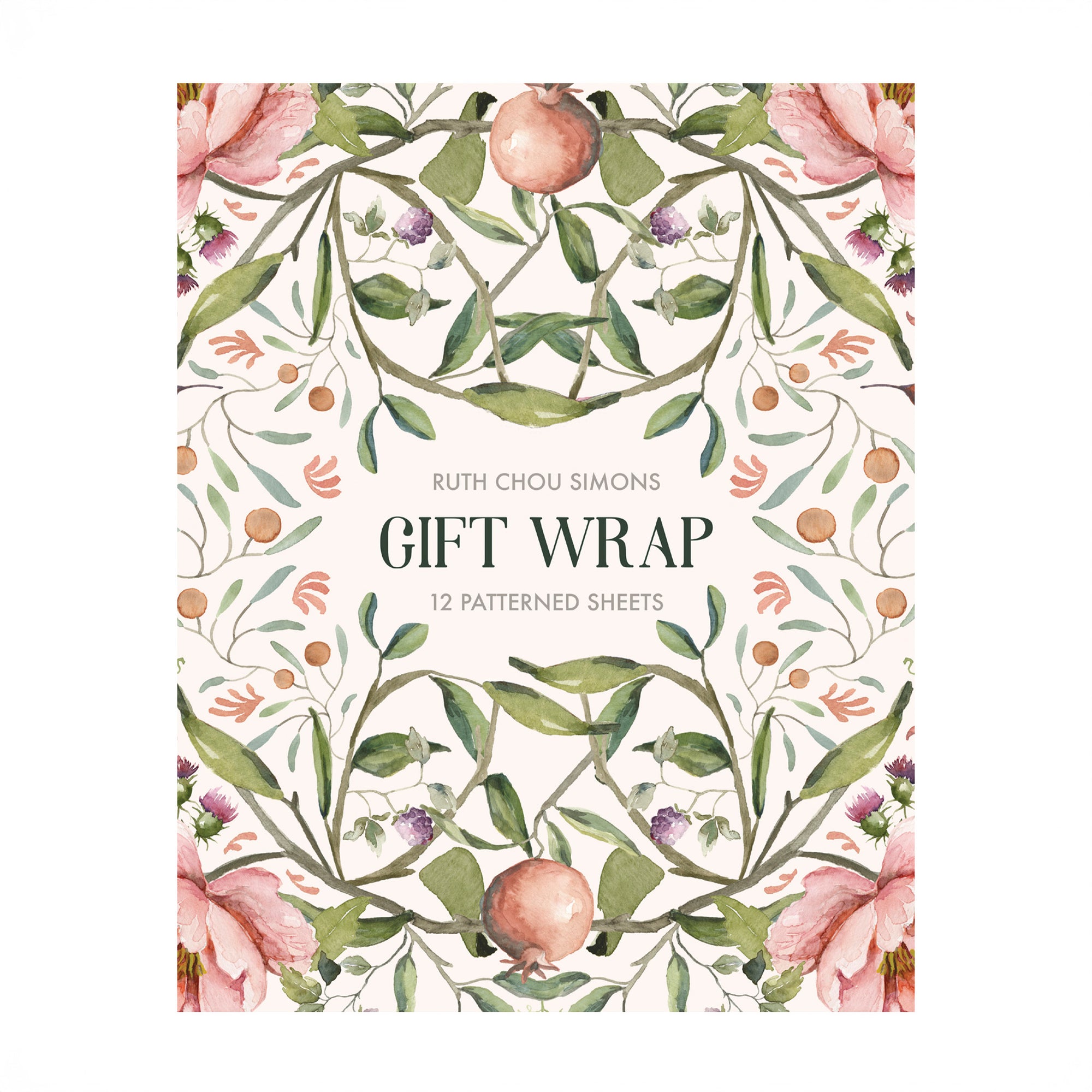 Gift wrap book with floral design and text by Ruth Chou Simons on a white background