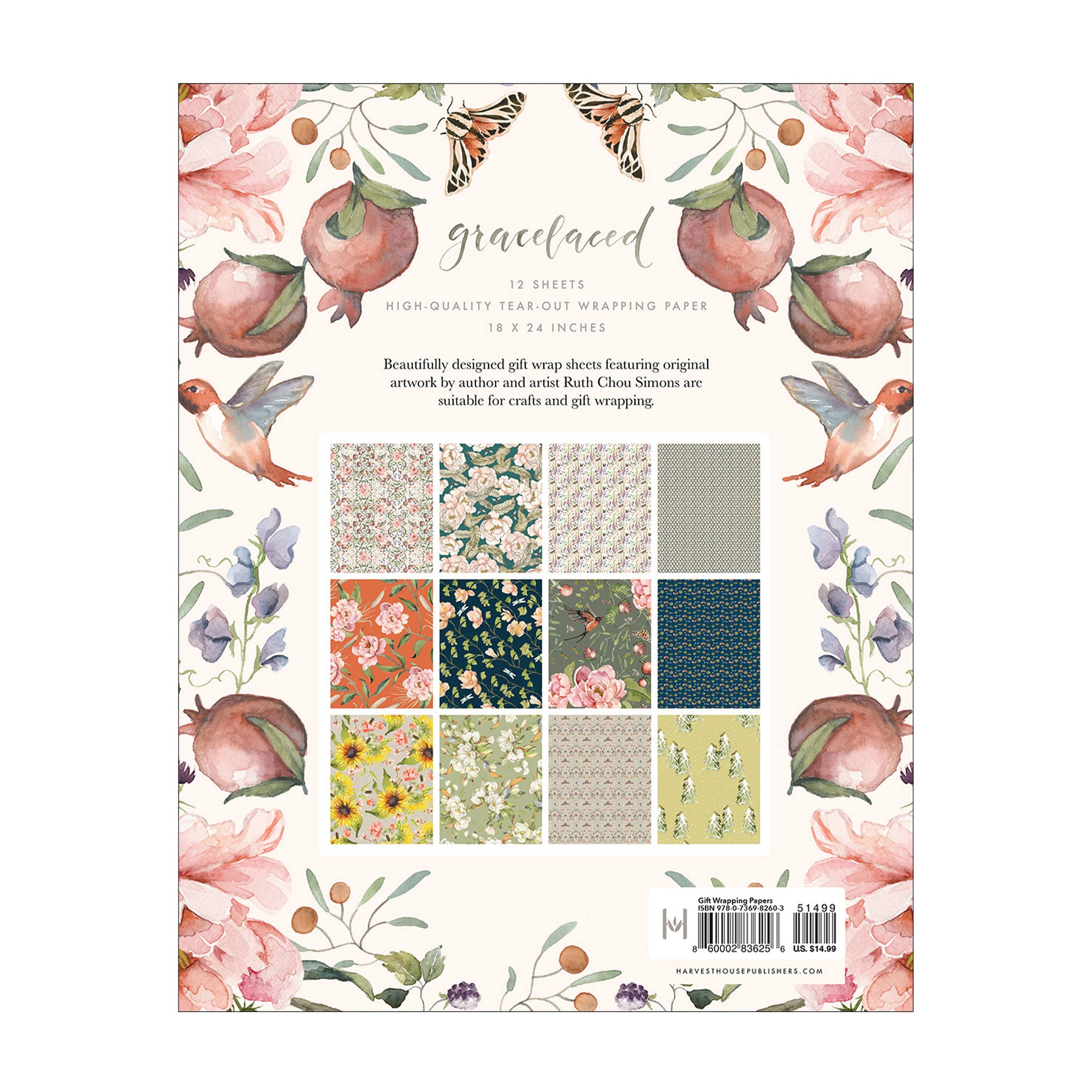 Packaging of Gracelaced floral and nature-themed gift wrap paper with various patterns.