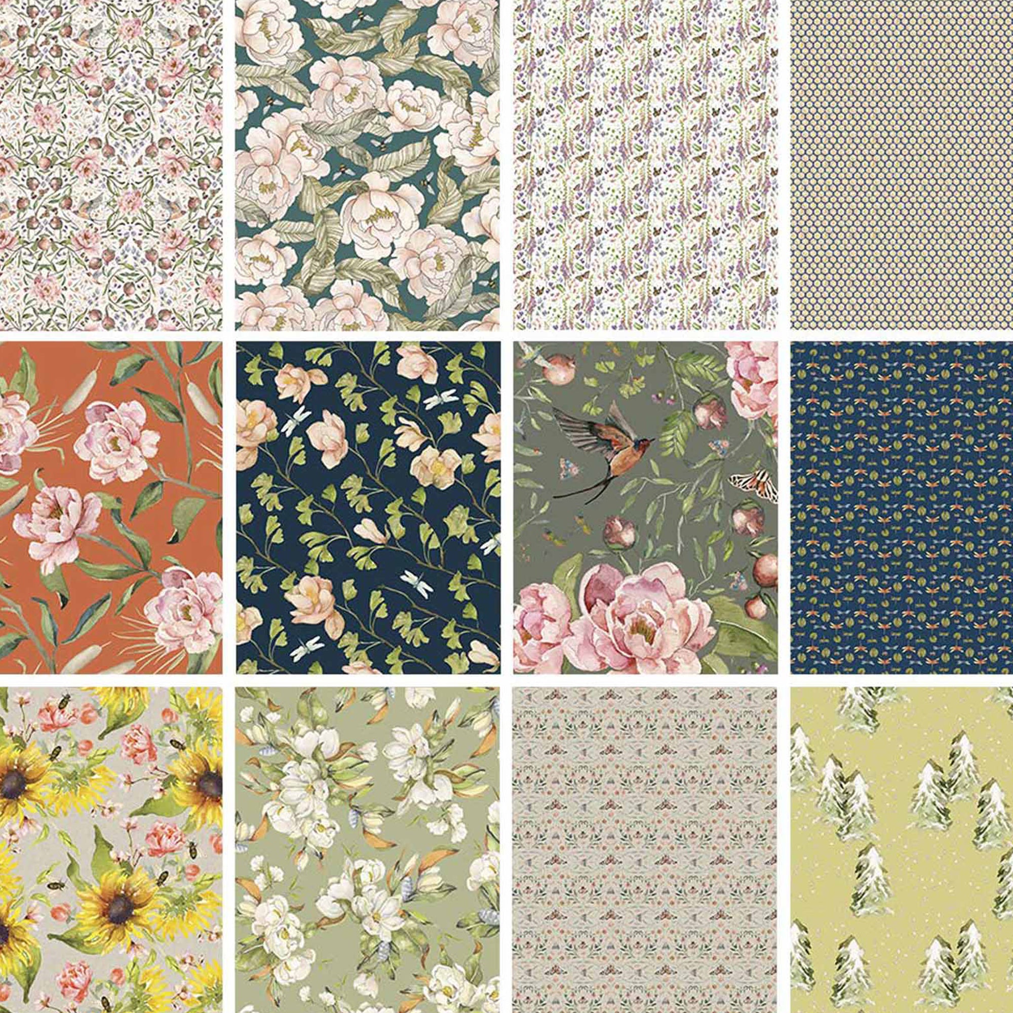 Grid of various floral and nature-themed fabric patterns.