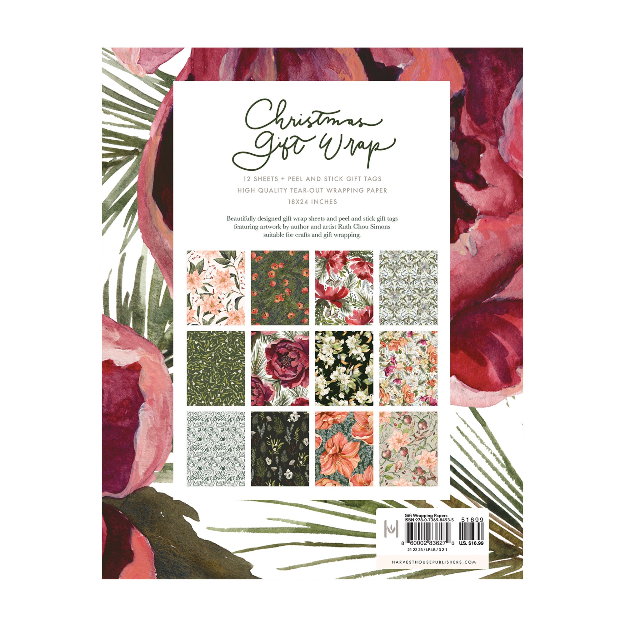 Packaging of Christmas gift wrap with floral designs and brand information.