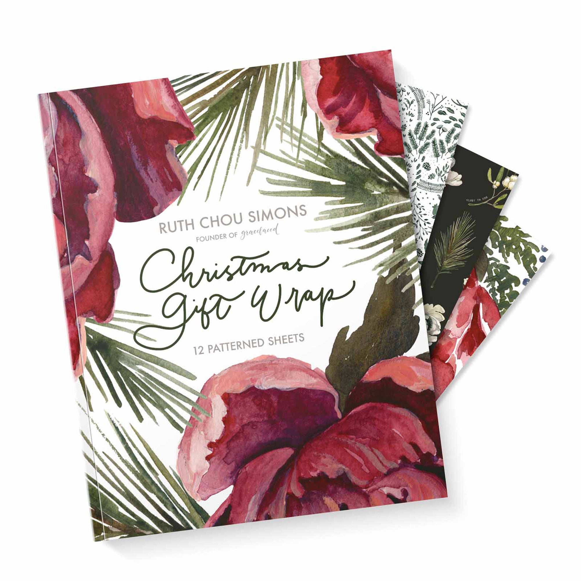 Christmas gift wrap with floral design and Ruth Chou Simons branding