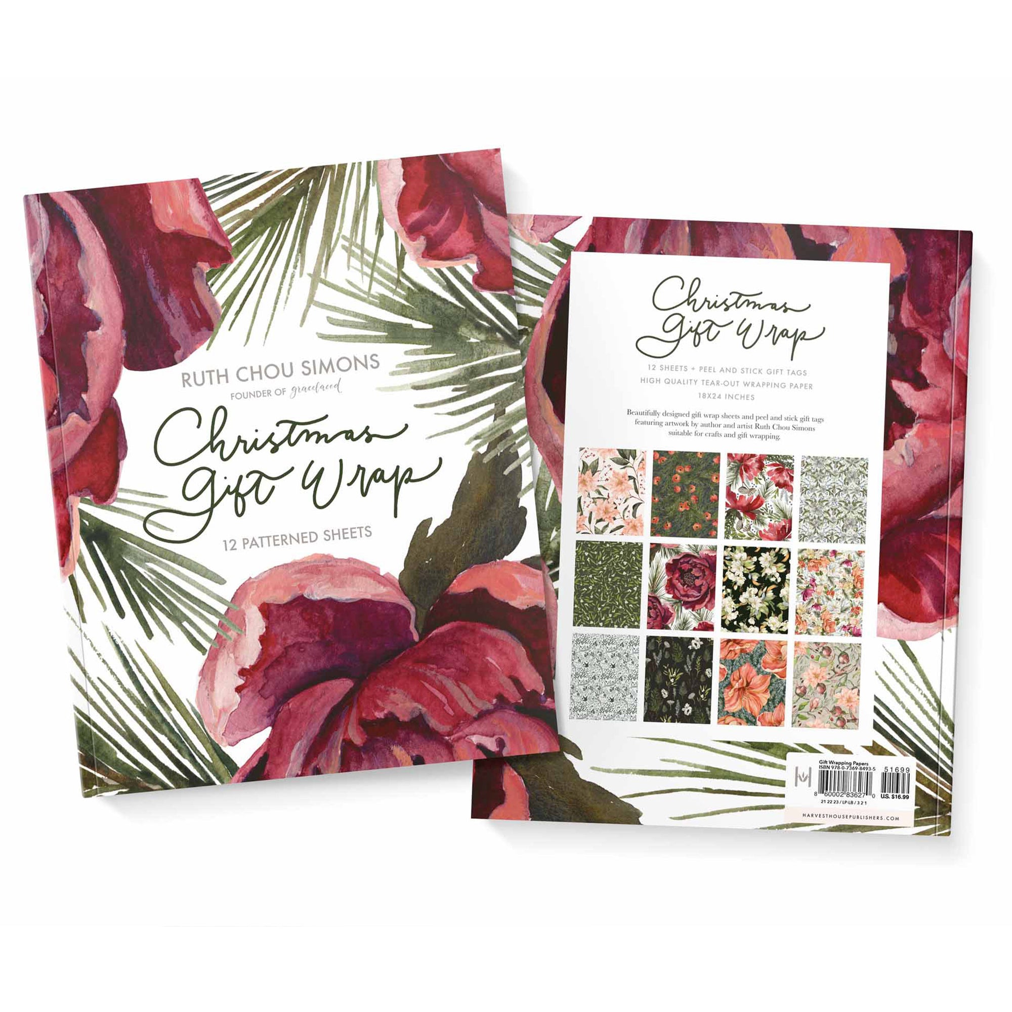 Floral gift wrap with a display of patterns on a white background