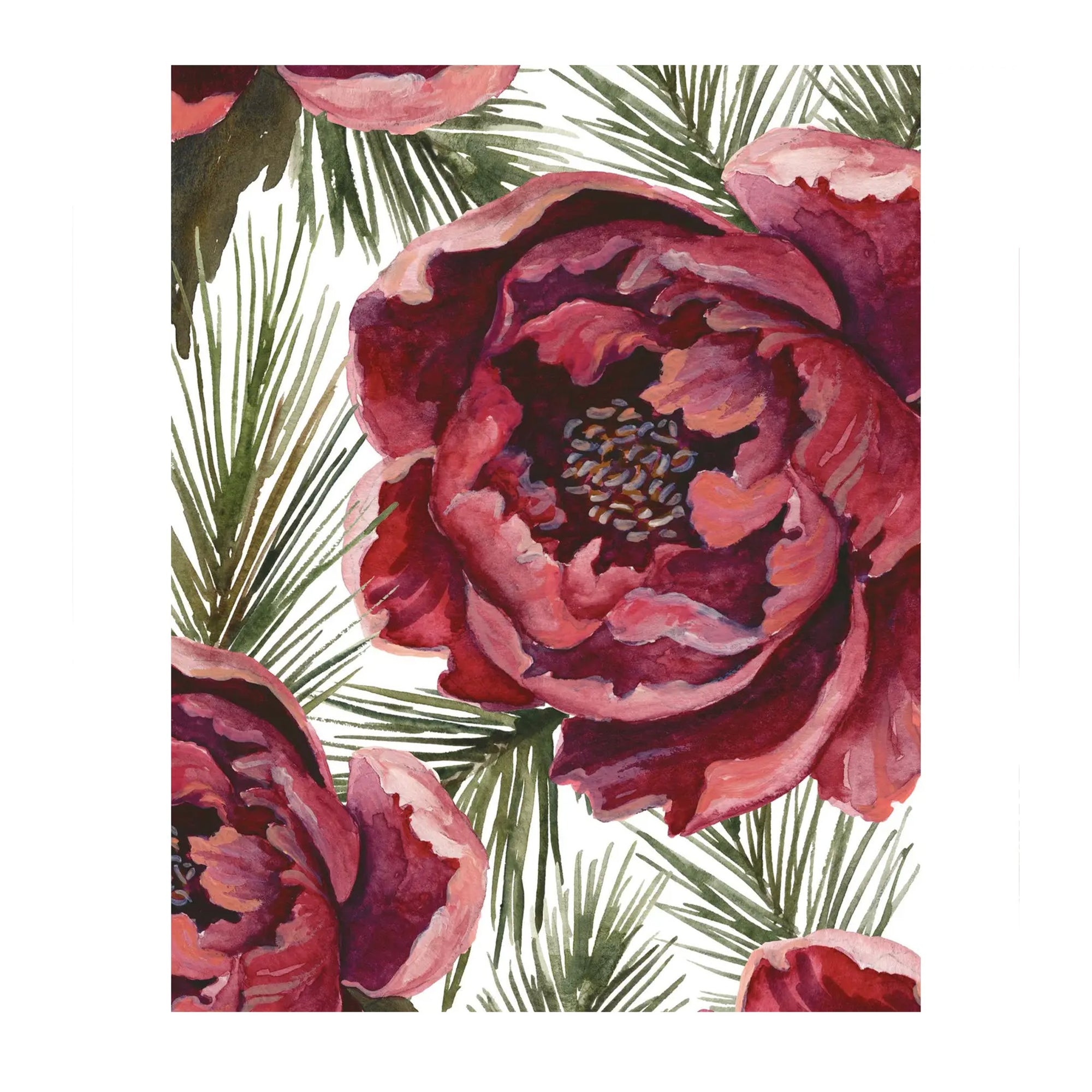 Floral pattern with pink flowers and green leaves on a white background